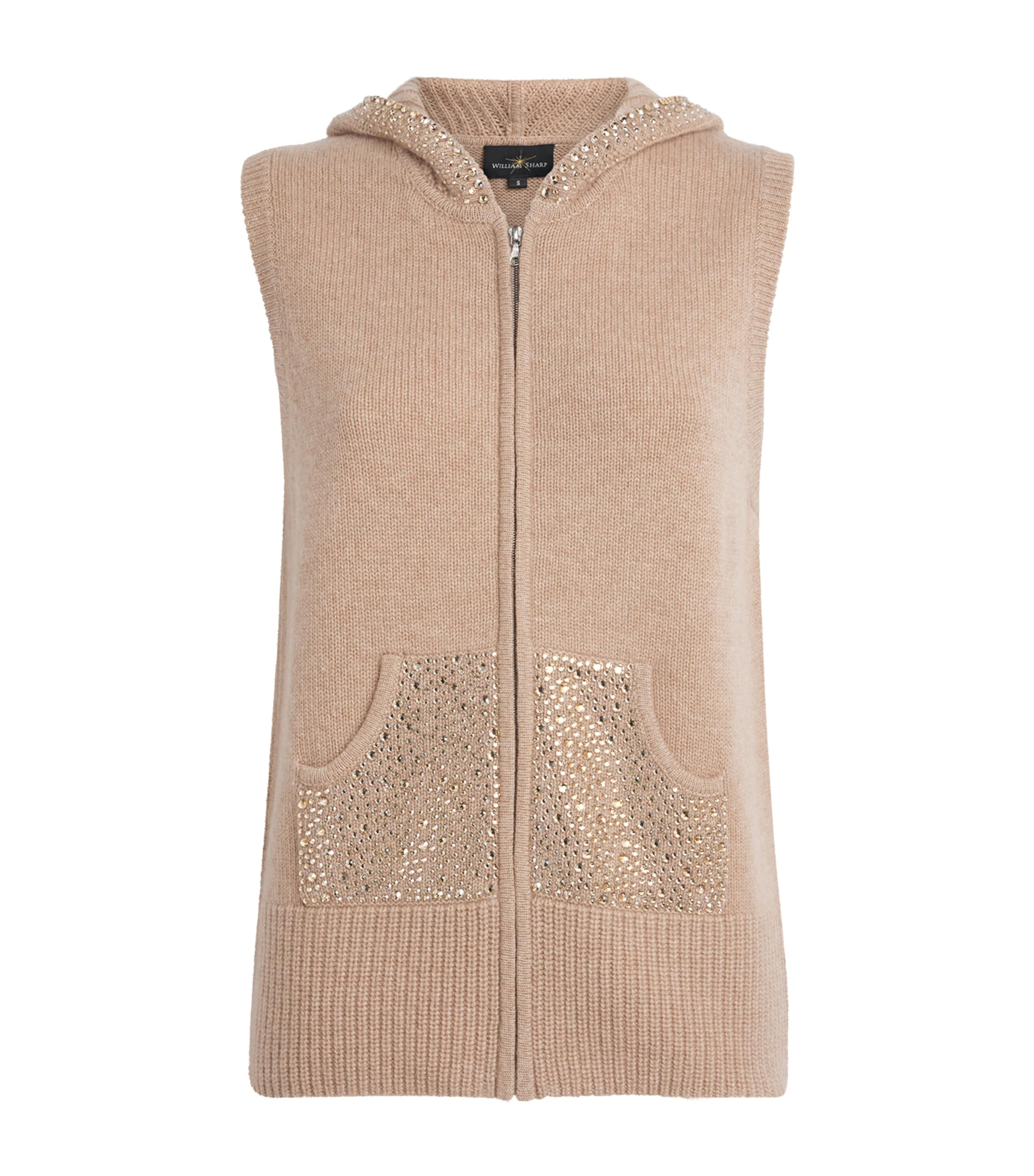William Sharp Womens Cashmere Crystal-Embellished Gilet Mid Brwn Gldn Shdw Image 1