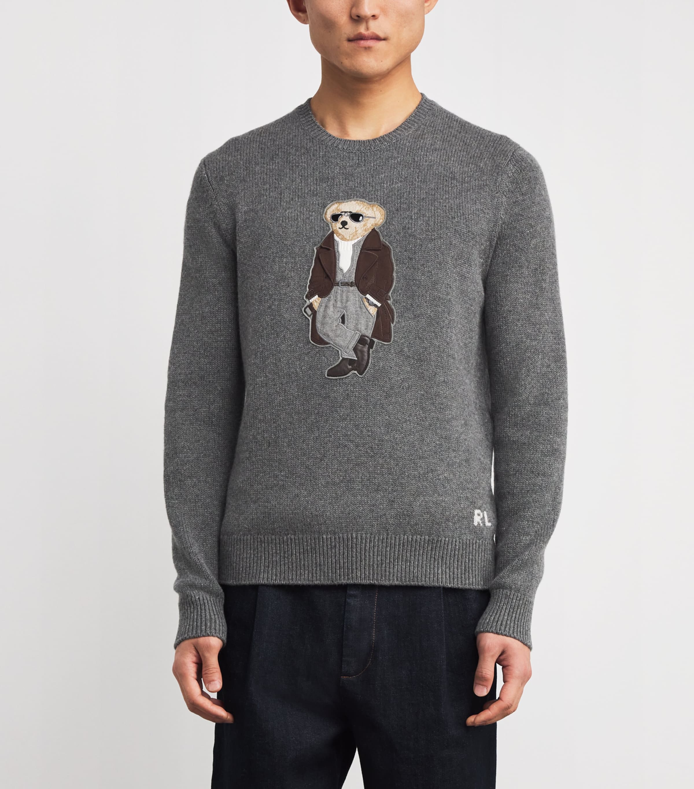 Ralph Lauren Purple Label Grey Cashmere Polo Bear Sweater | Harrods US