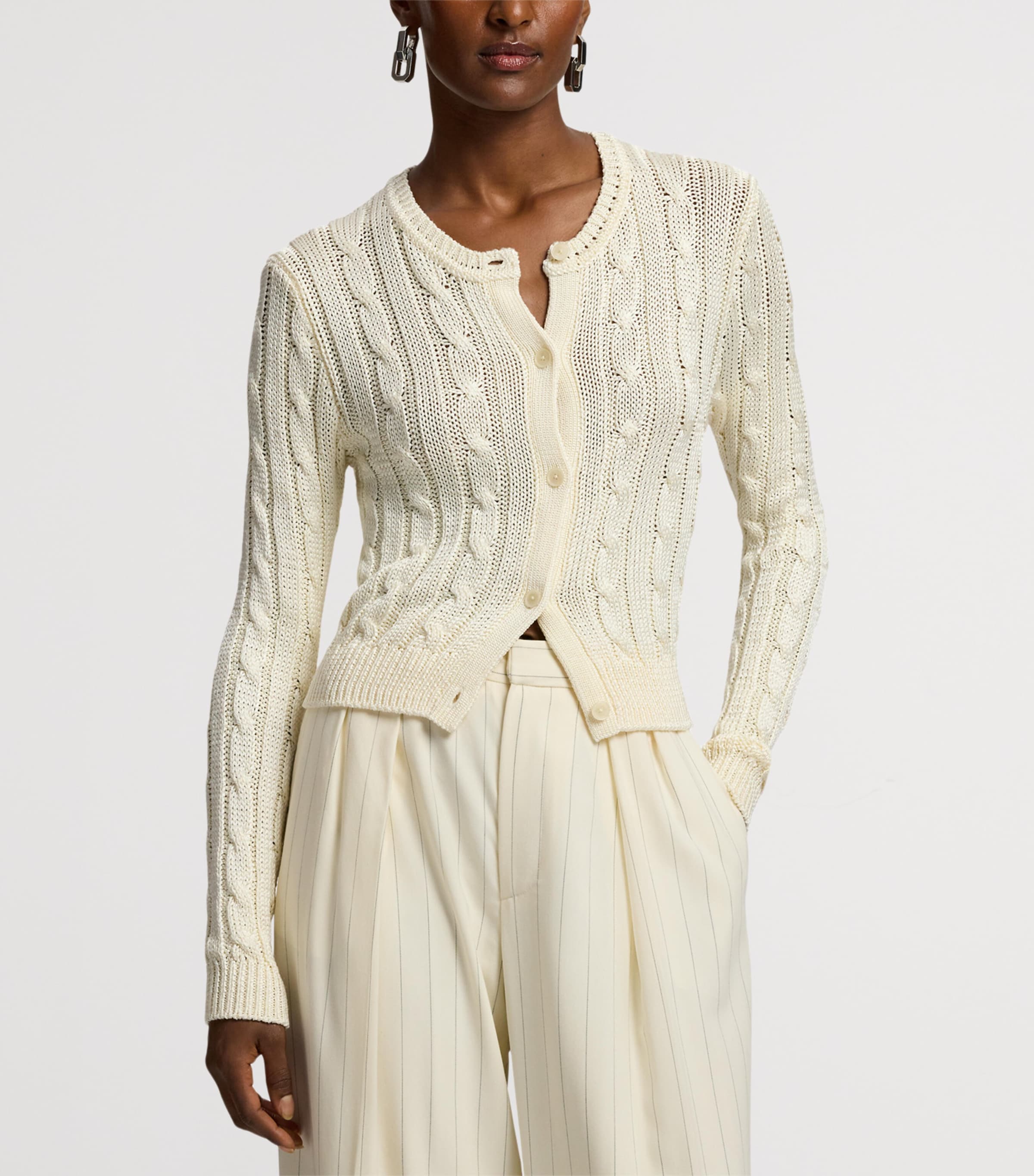 Ralph Lauren Collection Womens Silk Cable-Knit Cropped Cardigan Natural Image 8