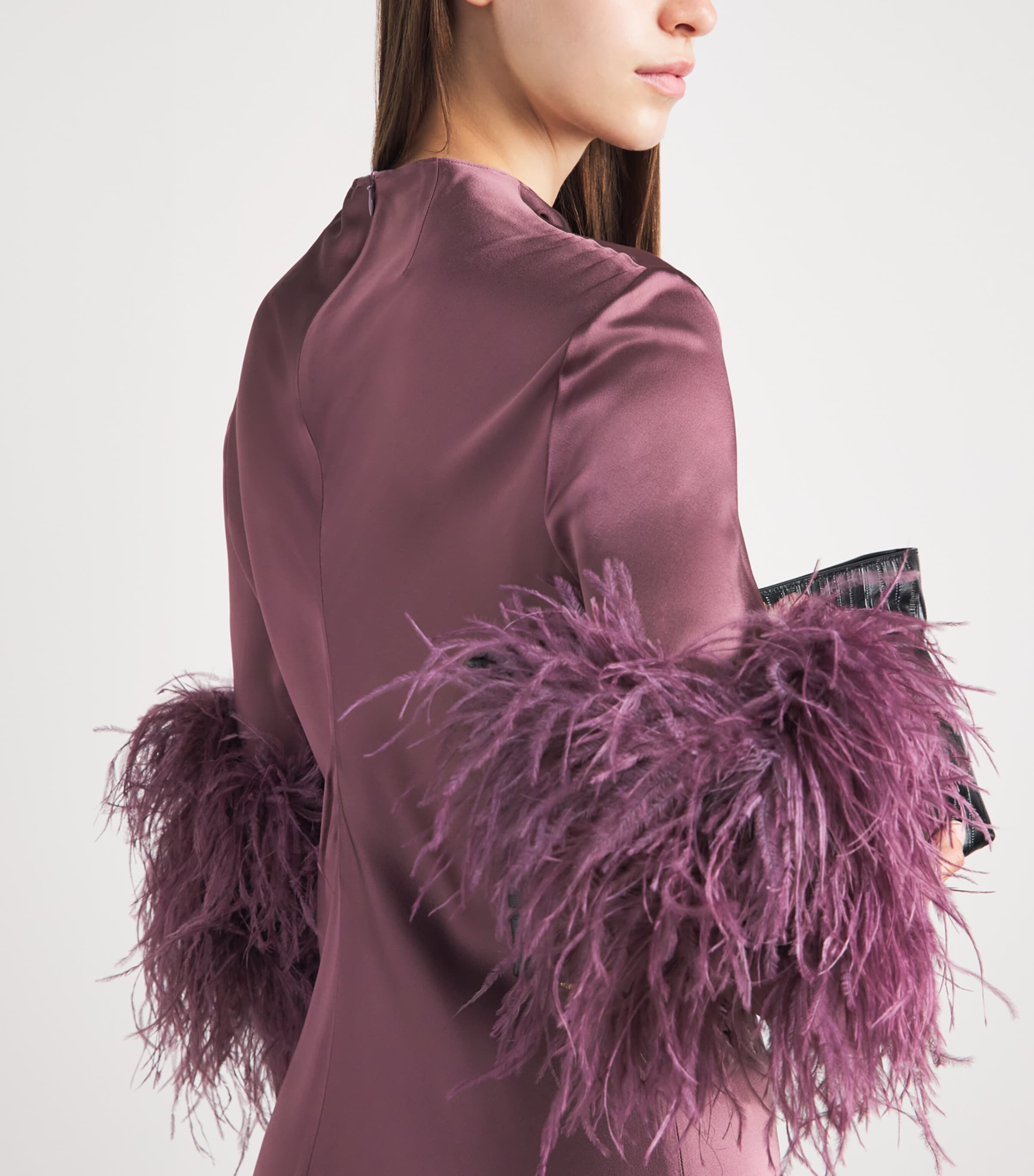 LAPOINTE Womens Satin Feather-Trimmed Gown Dark Mauve Image 5