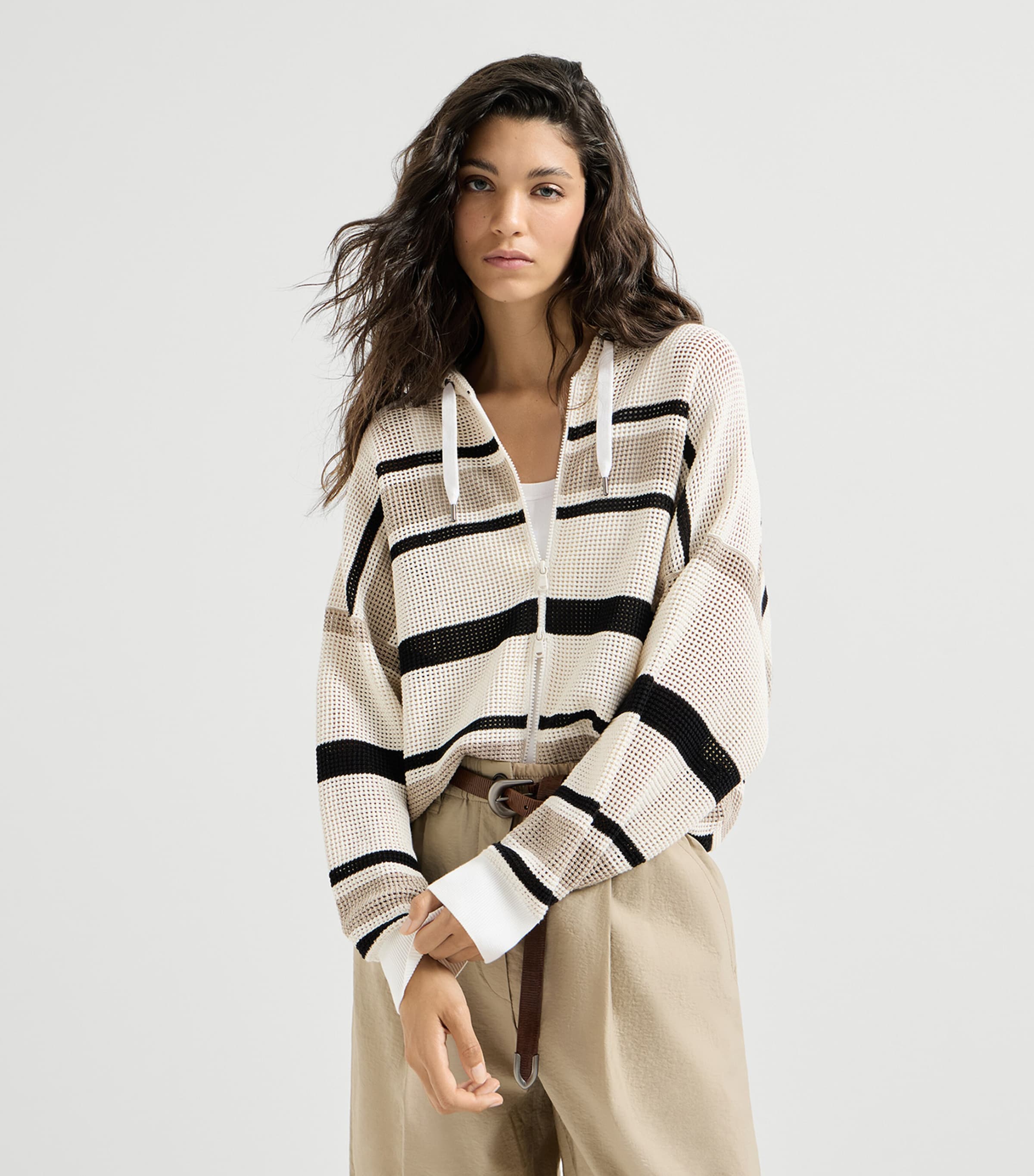 Brunello Cucinelli Womens Cotton Stripe Zip-Up Hoodie Image 3