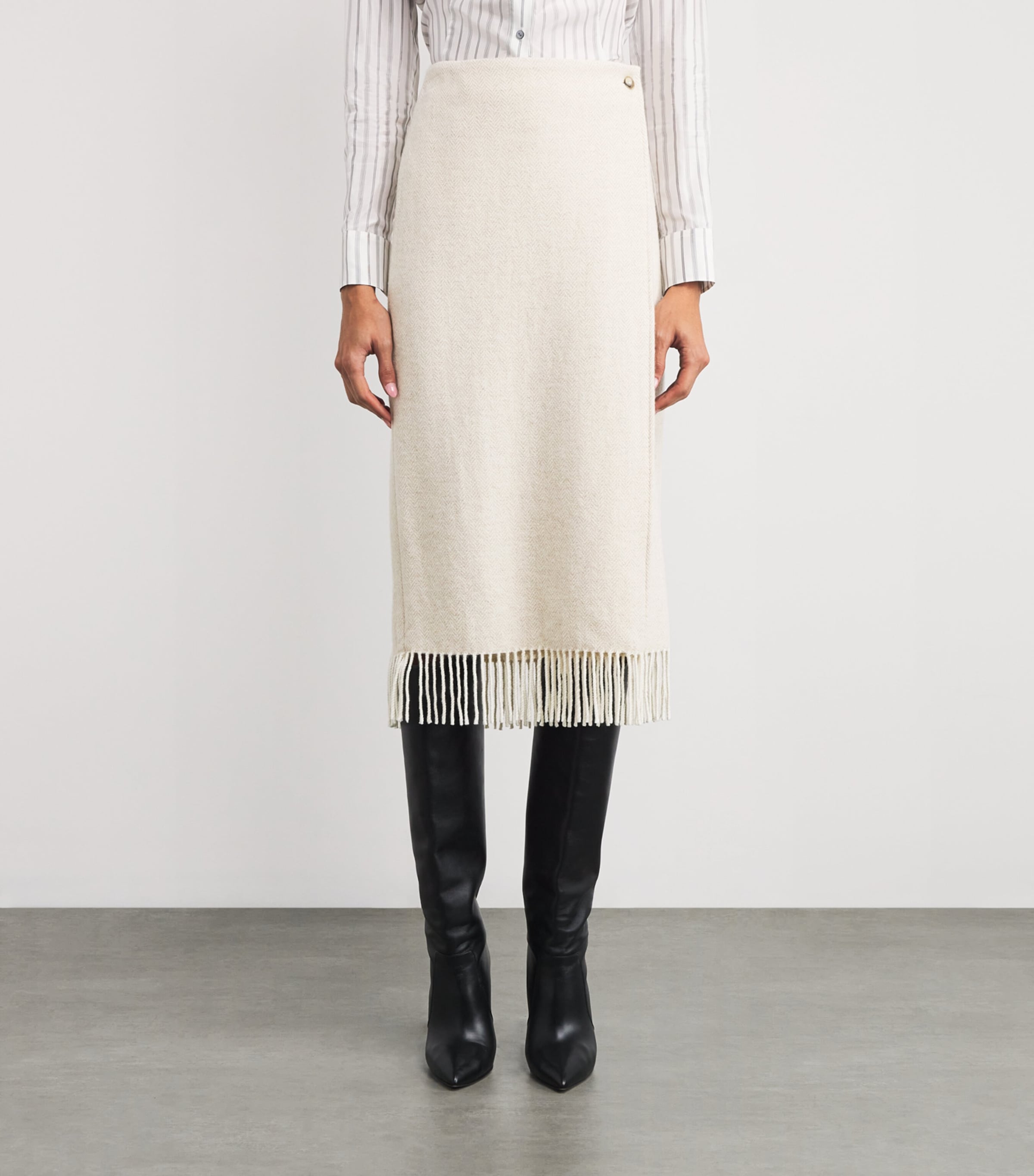 Wool-Blend Wrap Pencil Skirt CREAM HERRINGBONE Image 3