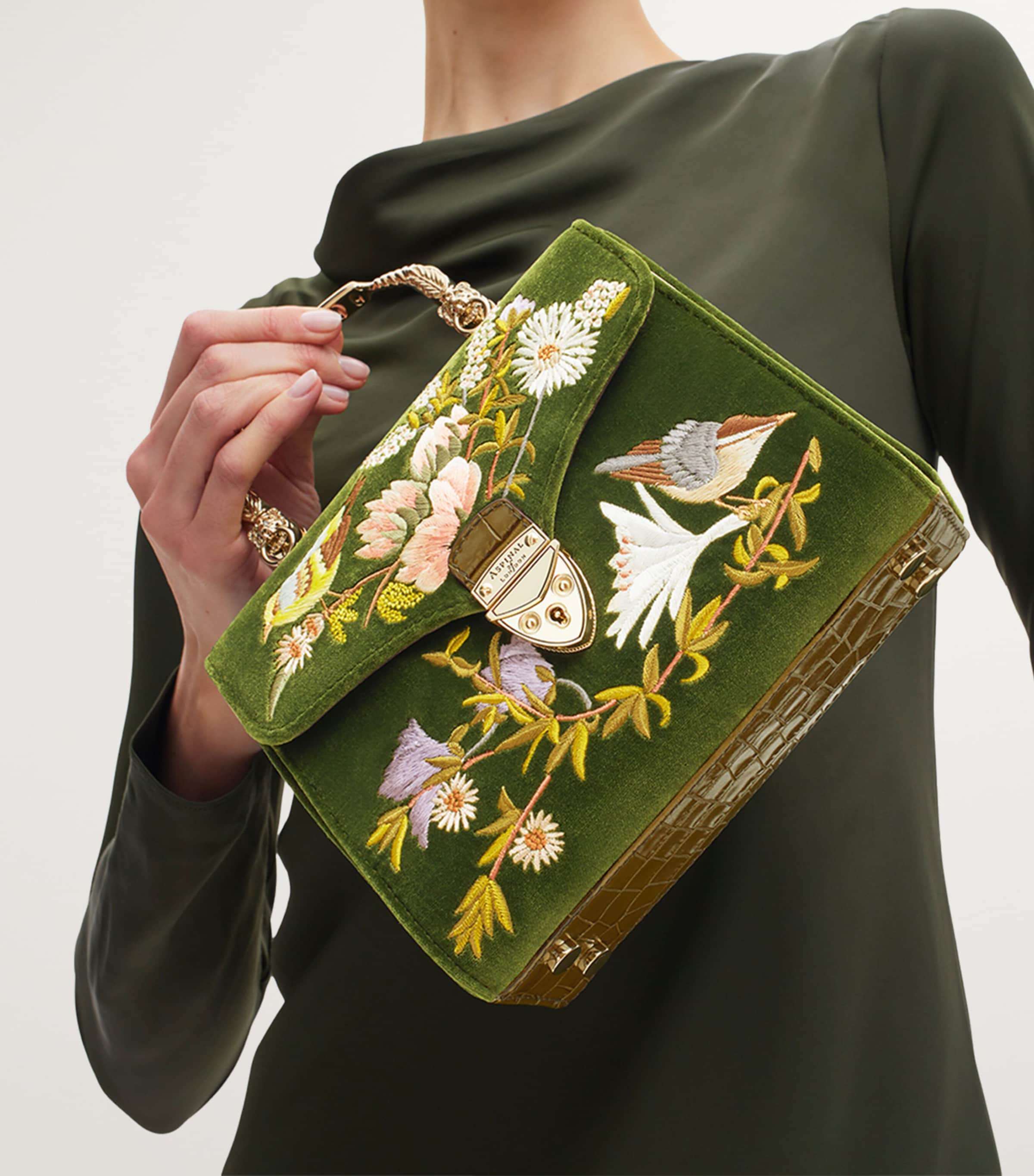 Midi Velvet Embroidered Mayfair Top-Handle Bag OLIVE Image 7