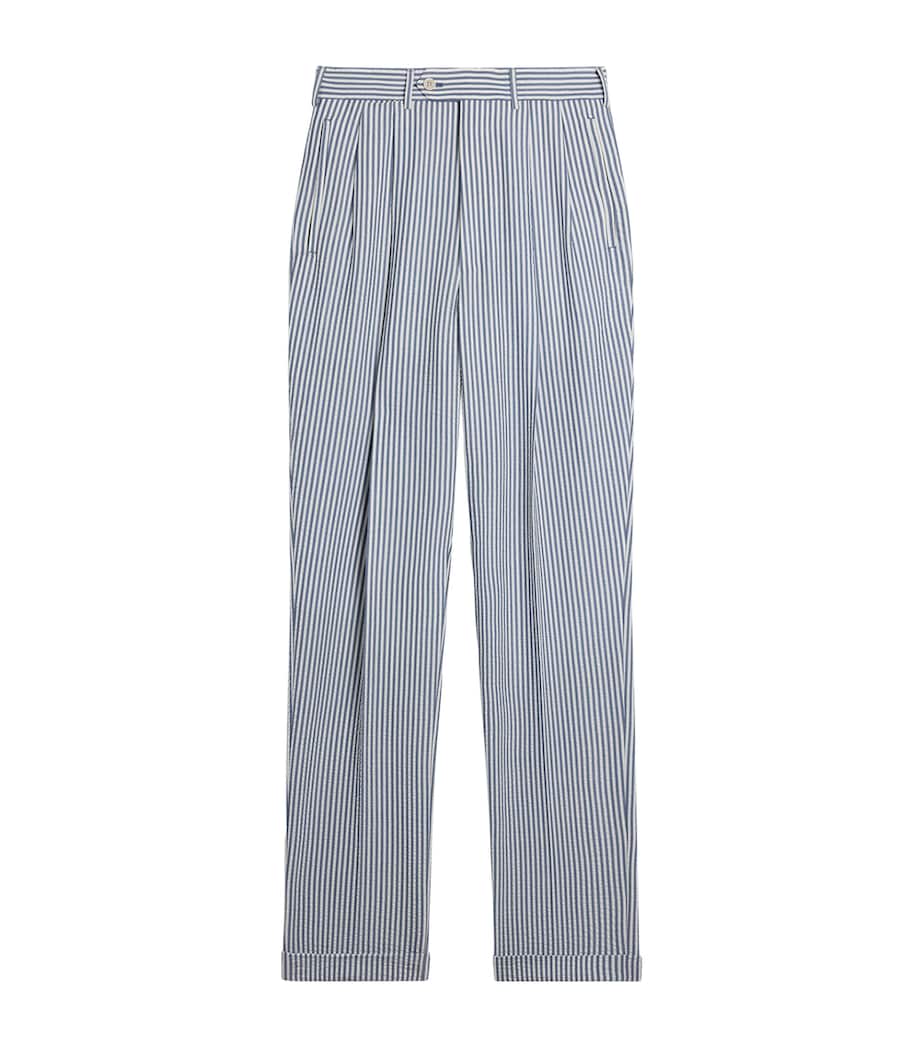 Dunhill Mens Wool-Silk Double-Pleated Stripe Trousers Blue White Image 1