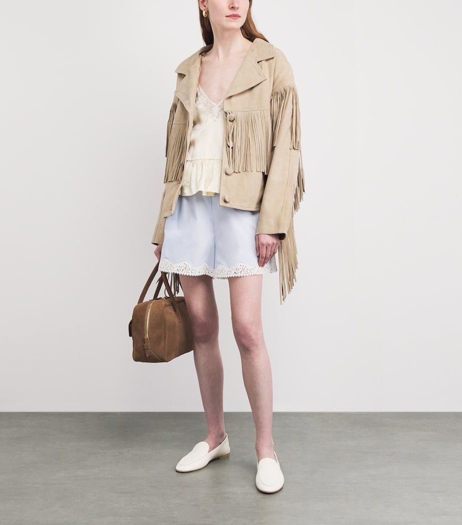 Sandro Paris Womens Suede Fringed Jacket Beige Image 2