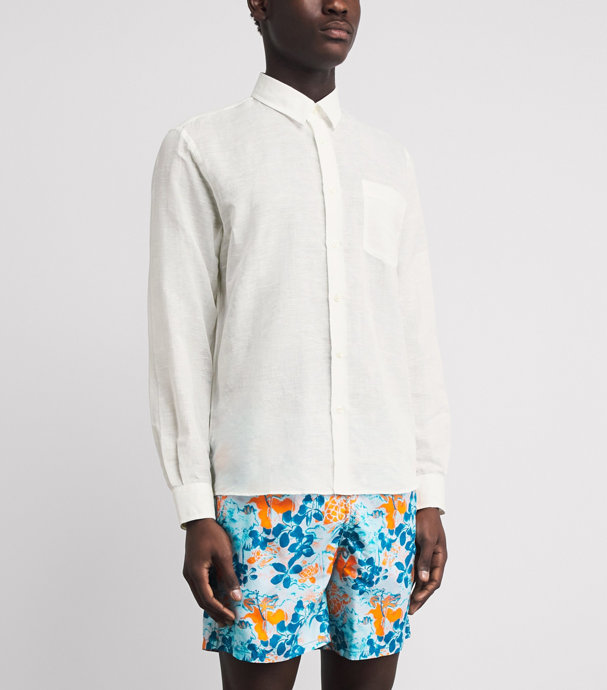 Vilebrequin Mens Cotton-Linen Embroidered Caroubis Shirt Blanc Image 4