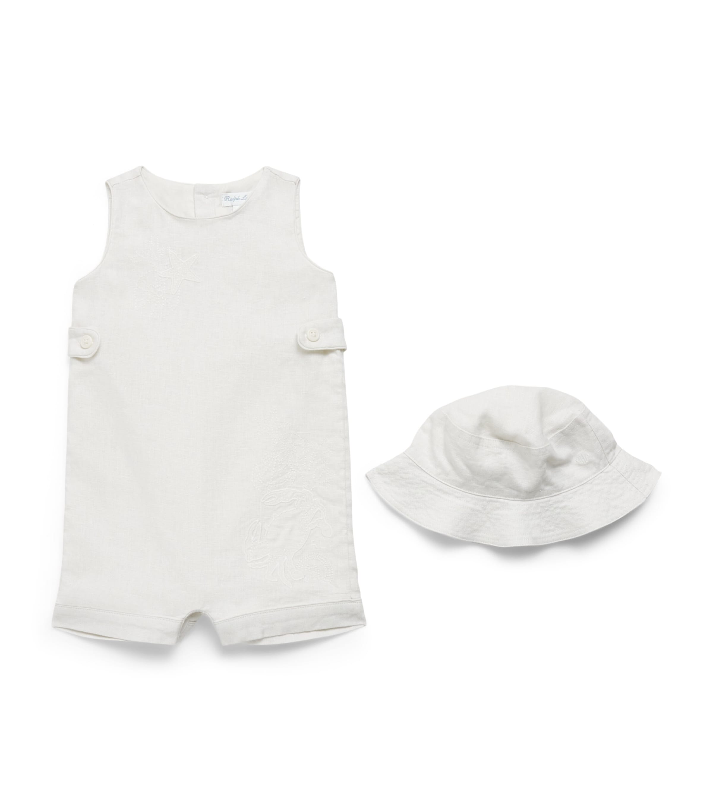 Ralph Lauren Kids Linen Hat and Playsuit Set (3-24 Months) Prchmnt Cr Image 1