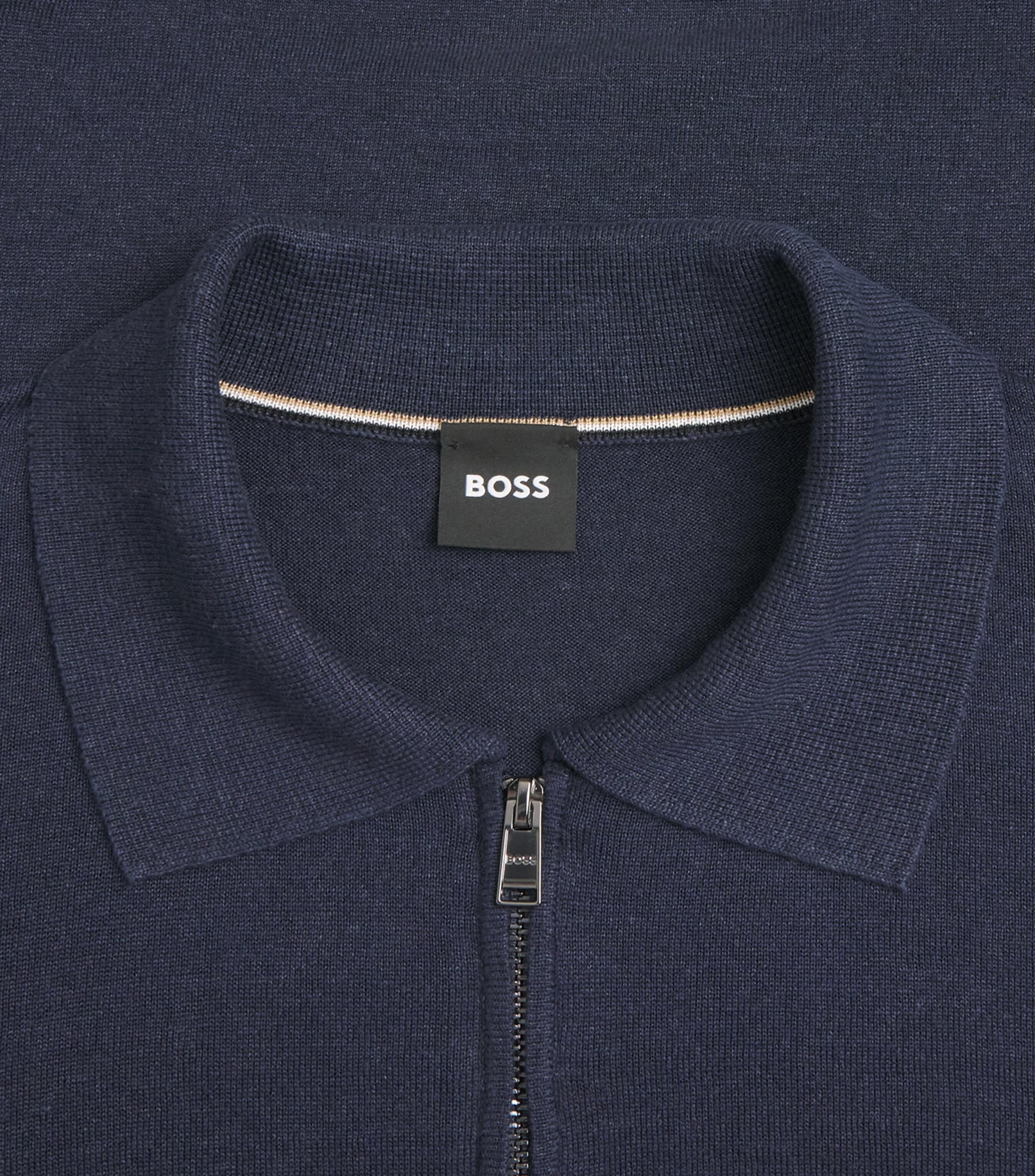 BOSS Mens Linen-Blend Zip-Up Polo Shirt Dark Blue Image 6