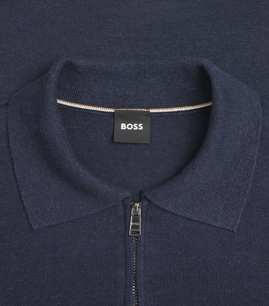 BOSS Mens Linen-Blend Zip-Up Polo Shirt Dark Blue Image 6