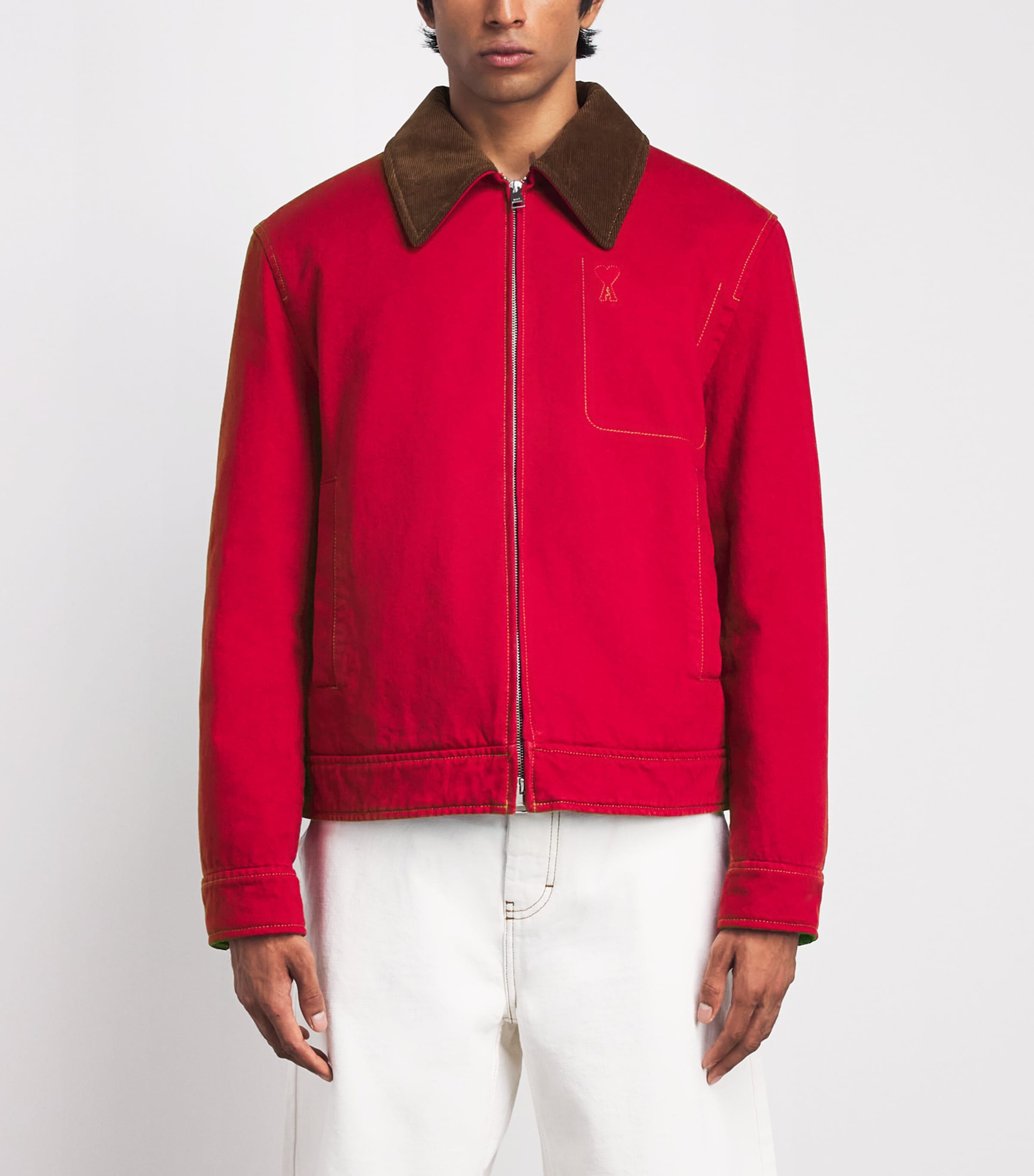AMI Paris Mens Ami De Coeur Contrast-Collar Jacket Rouge Rubis Image 4
