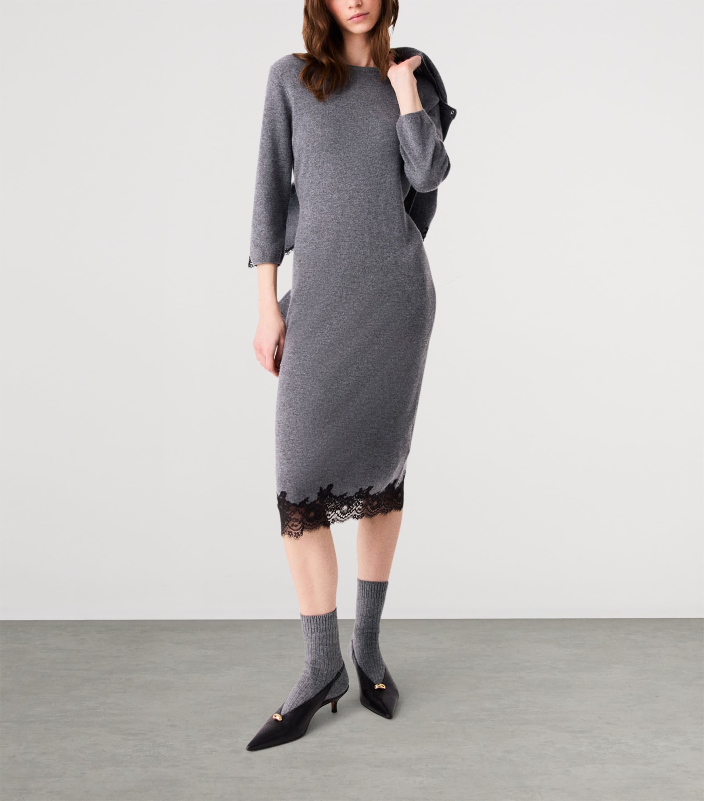 Maje Womens Wool Lace-Trim Midi Dress Grey/black Image 5