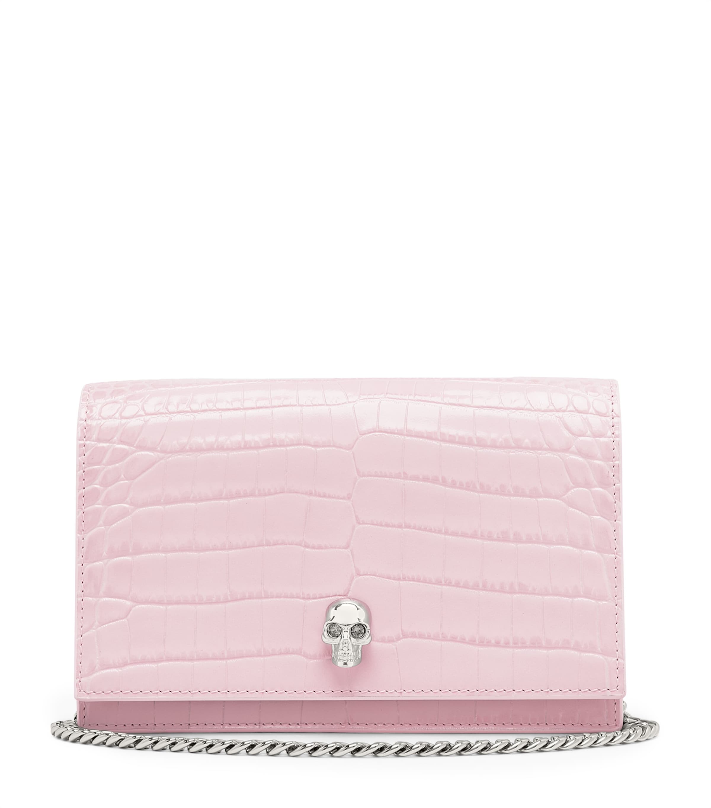Alexander Mcqueen Small Croc-embossed Skull Cross-body Bag In Pink