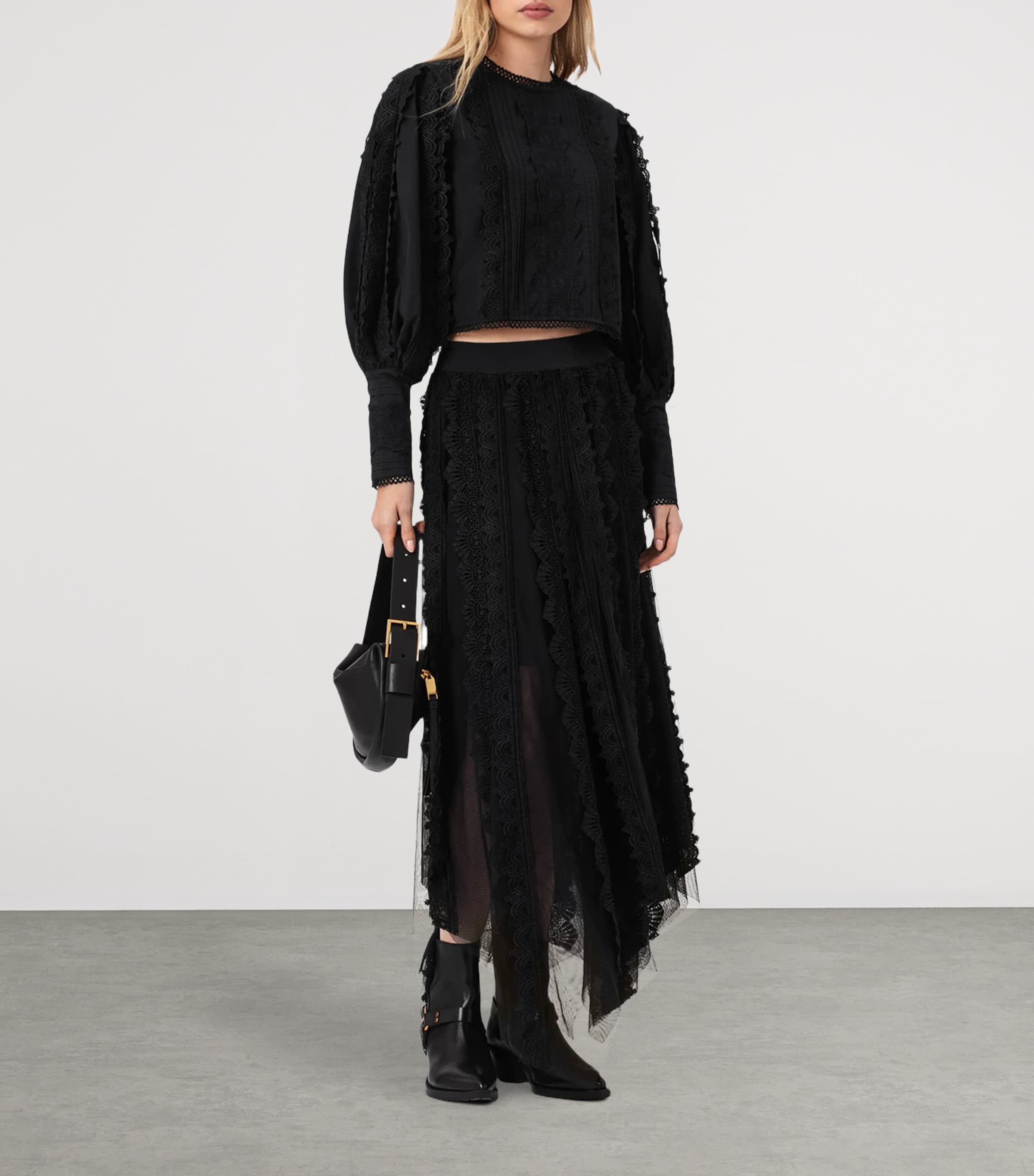 AllSaints Womens Cotton-Lace Long-Sleeve Top Black Image 6