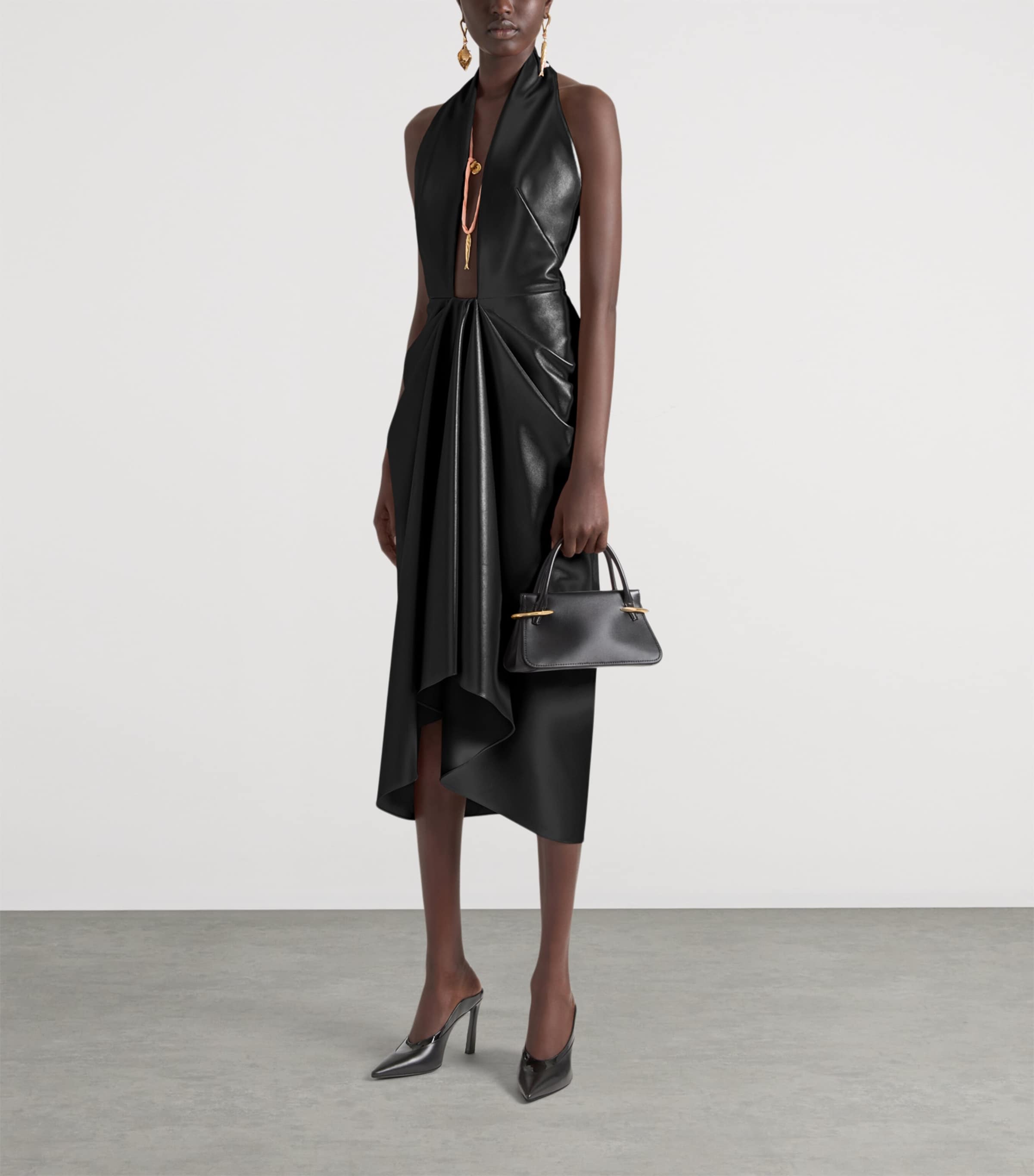 Leather Draped Midi Dress BLACK Image 3
