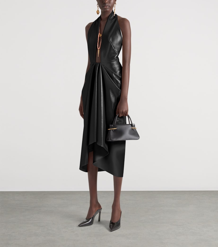 Leather Draped Midi Dress BLACK Image 3