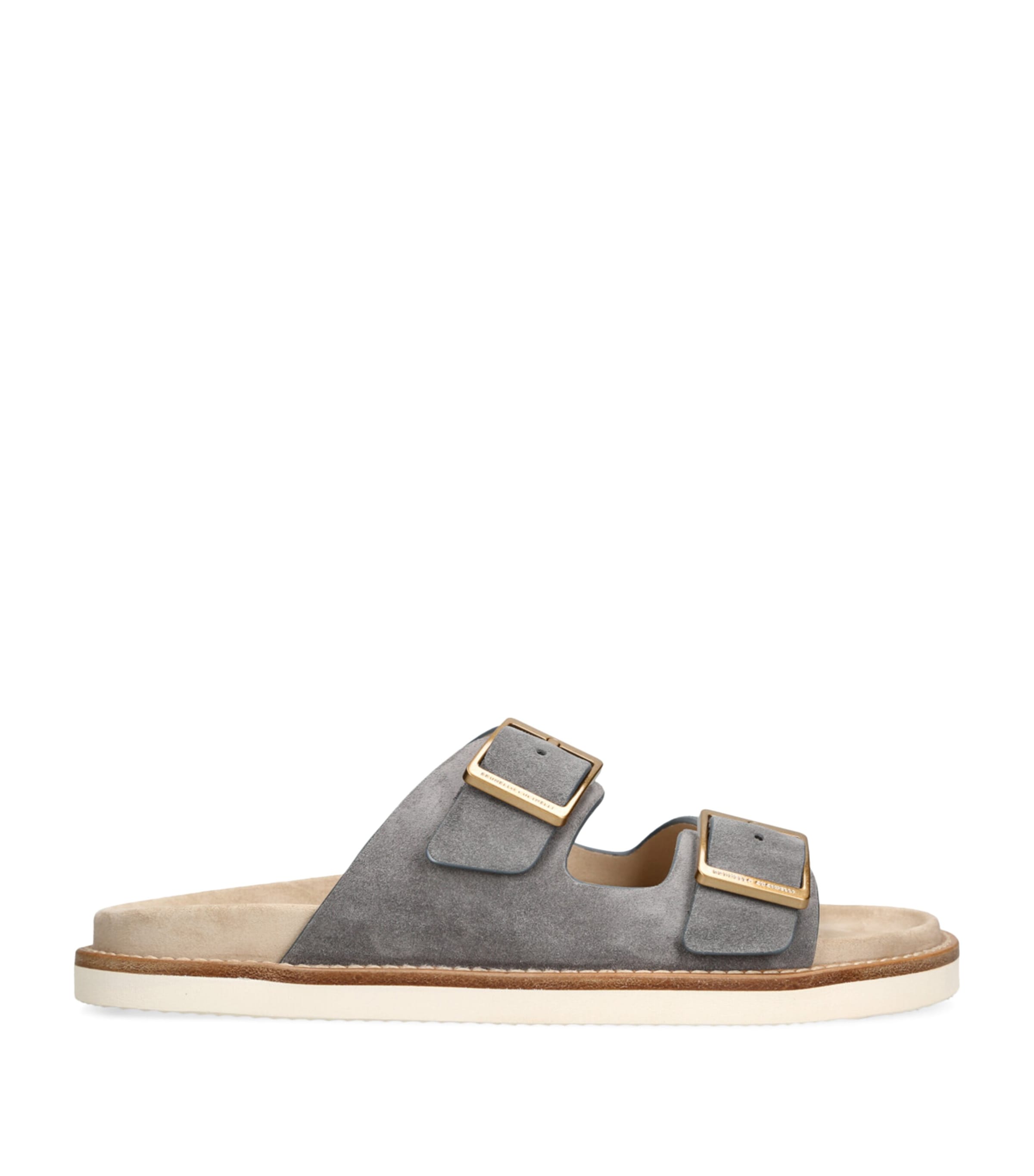 Brunello Cucinelli Pebble Silver-toned-hardware Leather Sandals In Grey