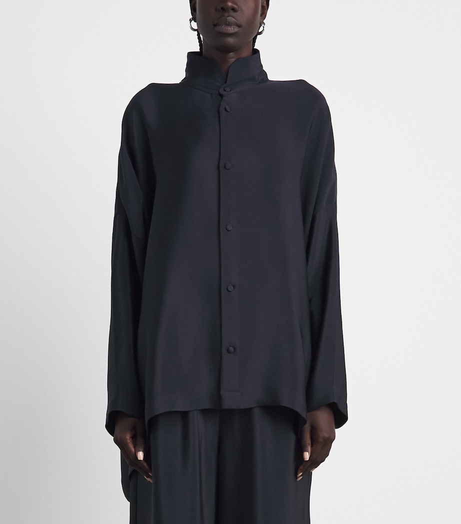 Eskandar Womens Silk Stand-Collar Shirt Midnight Image 4