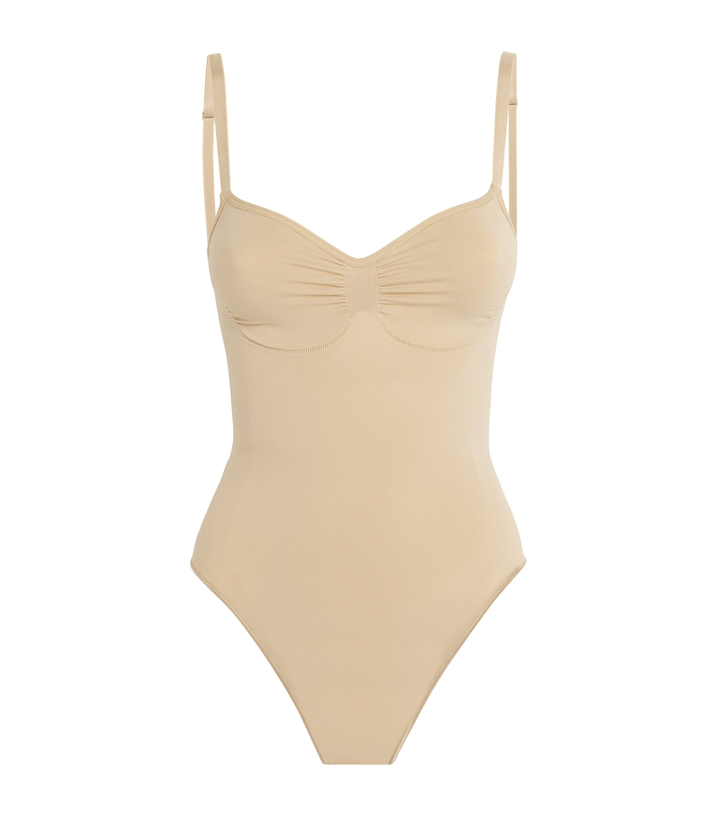 Skims Beige Seamless Sculpt Deep Plunge Thong Bodysuit In Beige