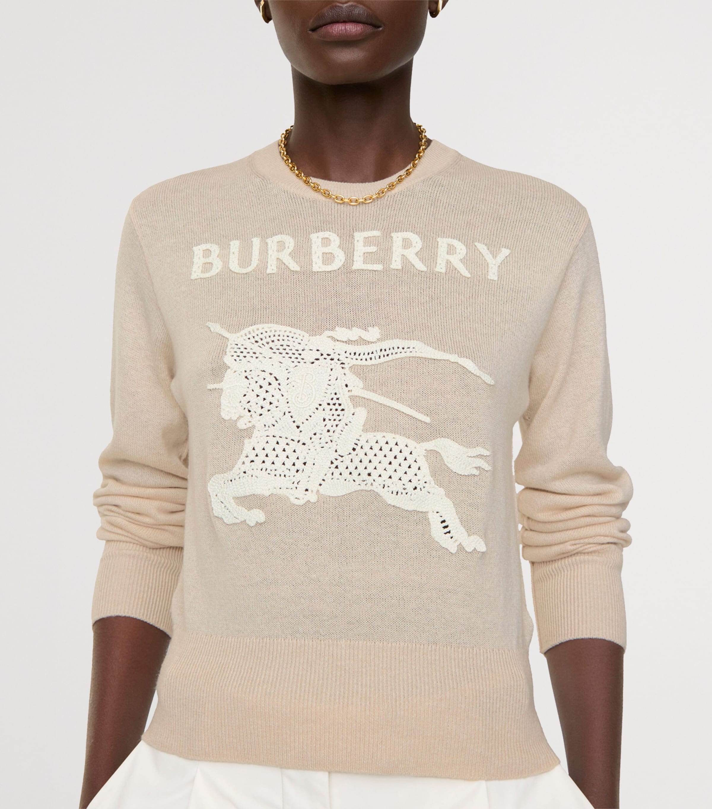 Burberry Womens Wool-Cotton Crochet EKD Sweater Easel Beige Image 2