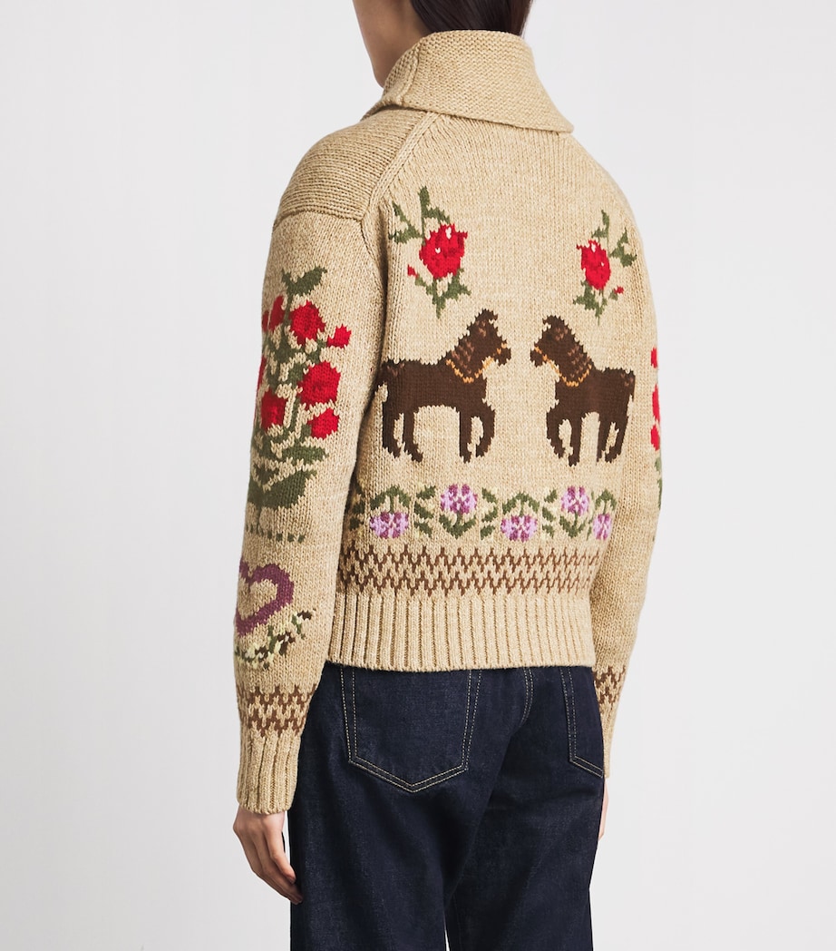 Polo Ralph Lauren Womens Cotton-Wool Horse Intarsia Zip-Up Cardigan Tan Multi Image 5