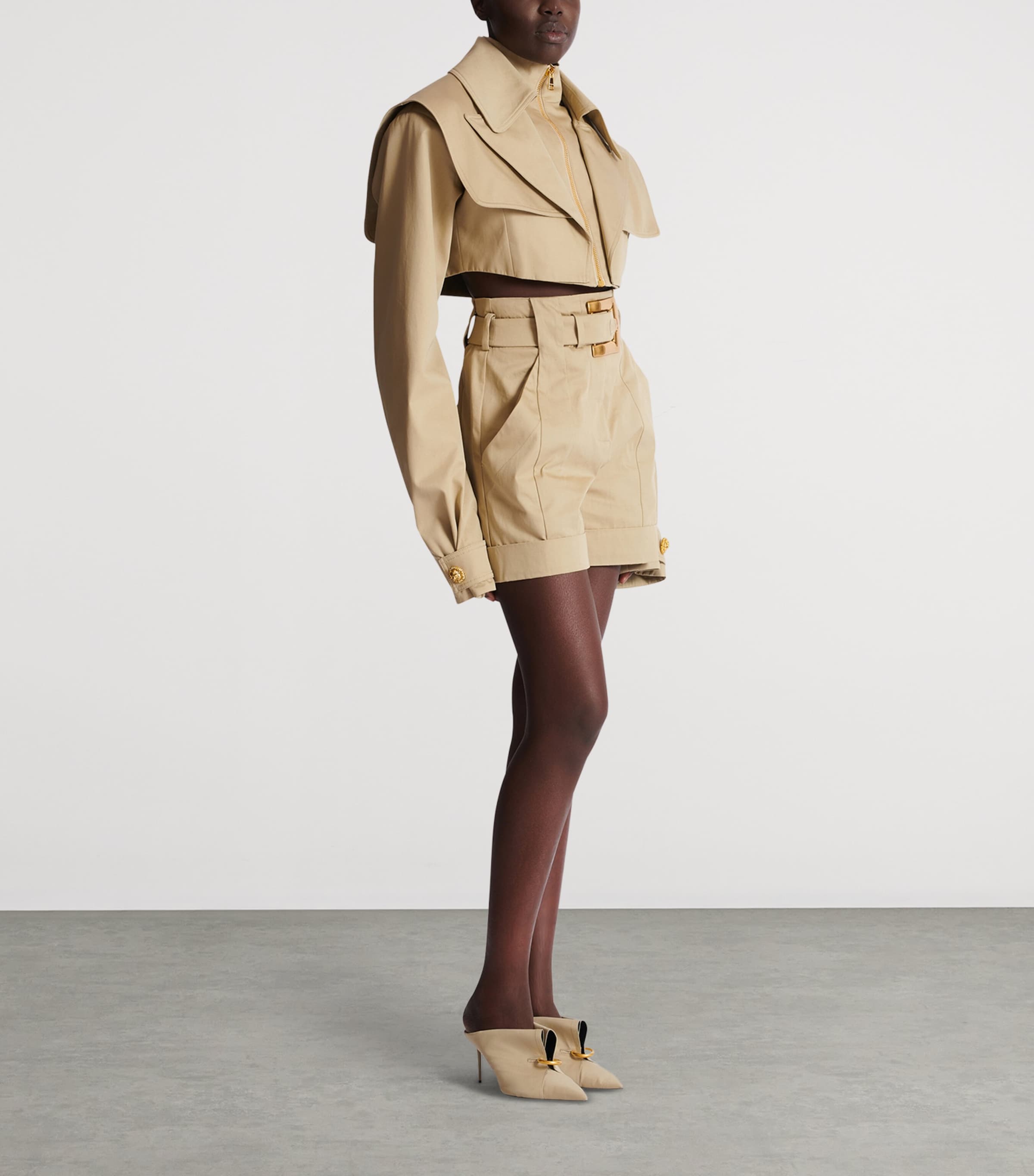 Balmain Womens Cotton Gabardine Belted Shorts Sable Image 2