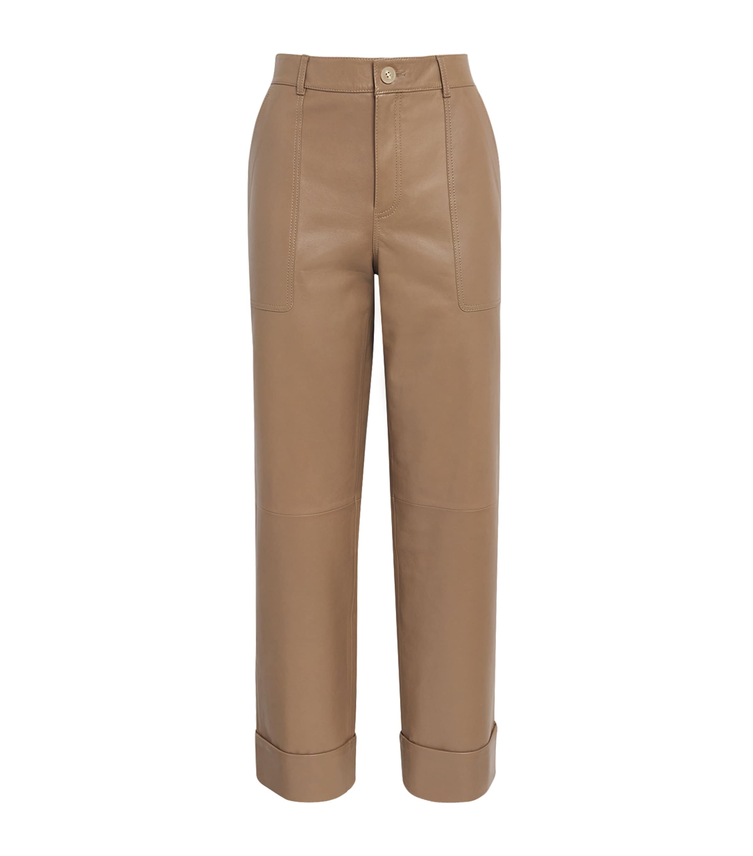 Lafayette 148 Womens Leather Straight Trousers Gncly Green Clay Image 1