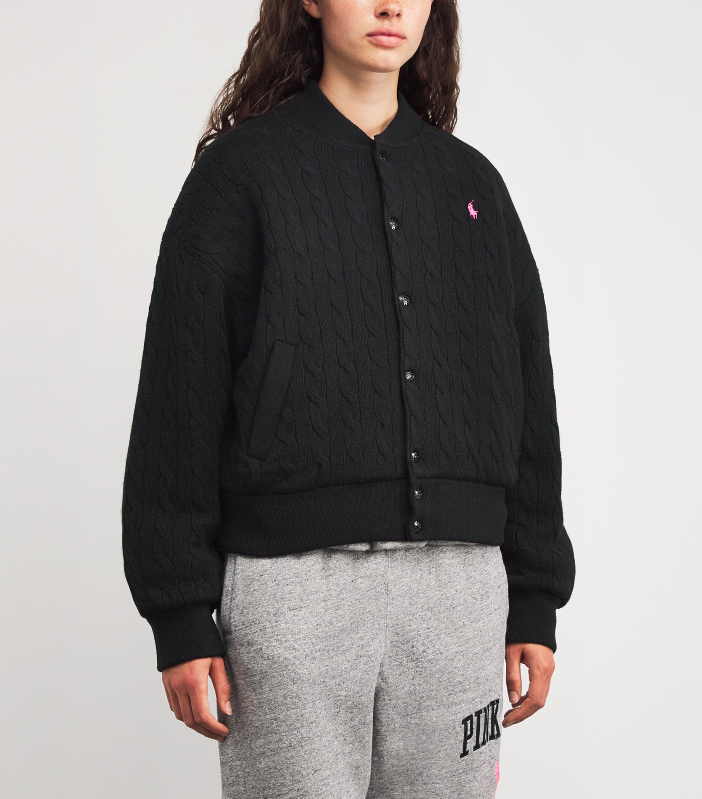 Polo Ralph Lauren Womens Wool-Cashmere Pink Pony Cardigan Polo Black Image 3