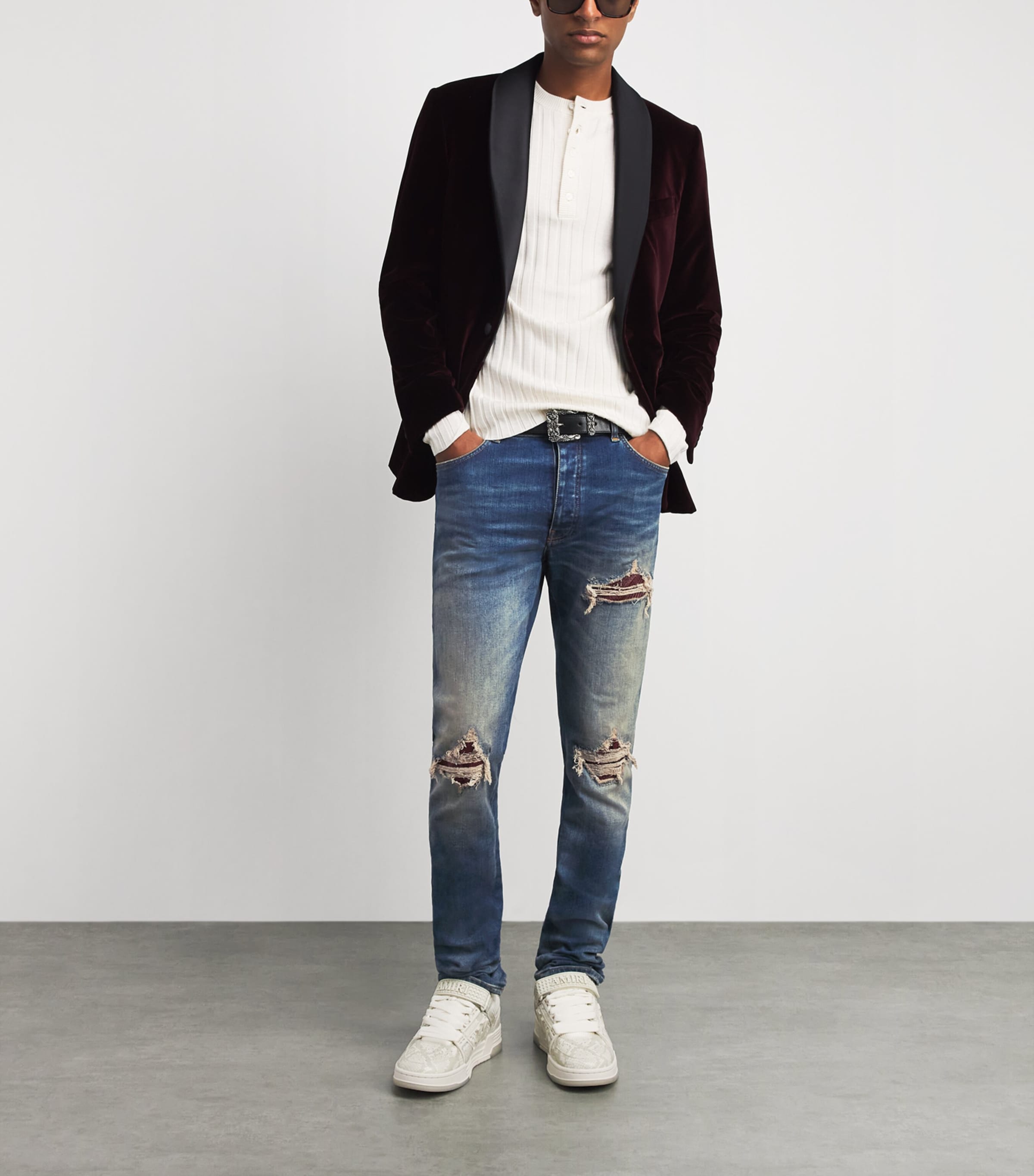 AMIRI Mens Distressed MX1 Straight Jeans Rich Indigo Image 2