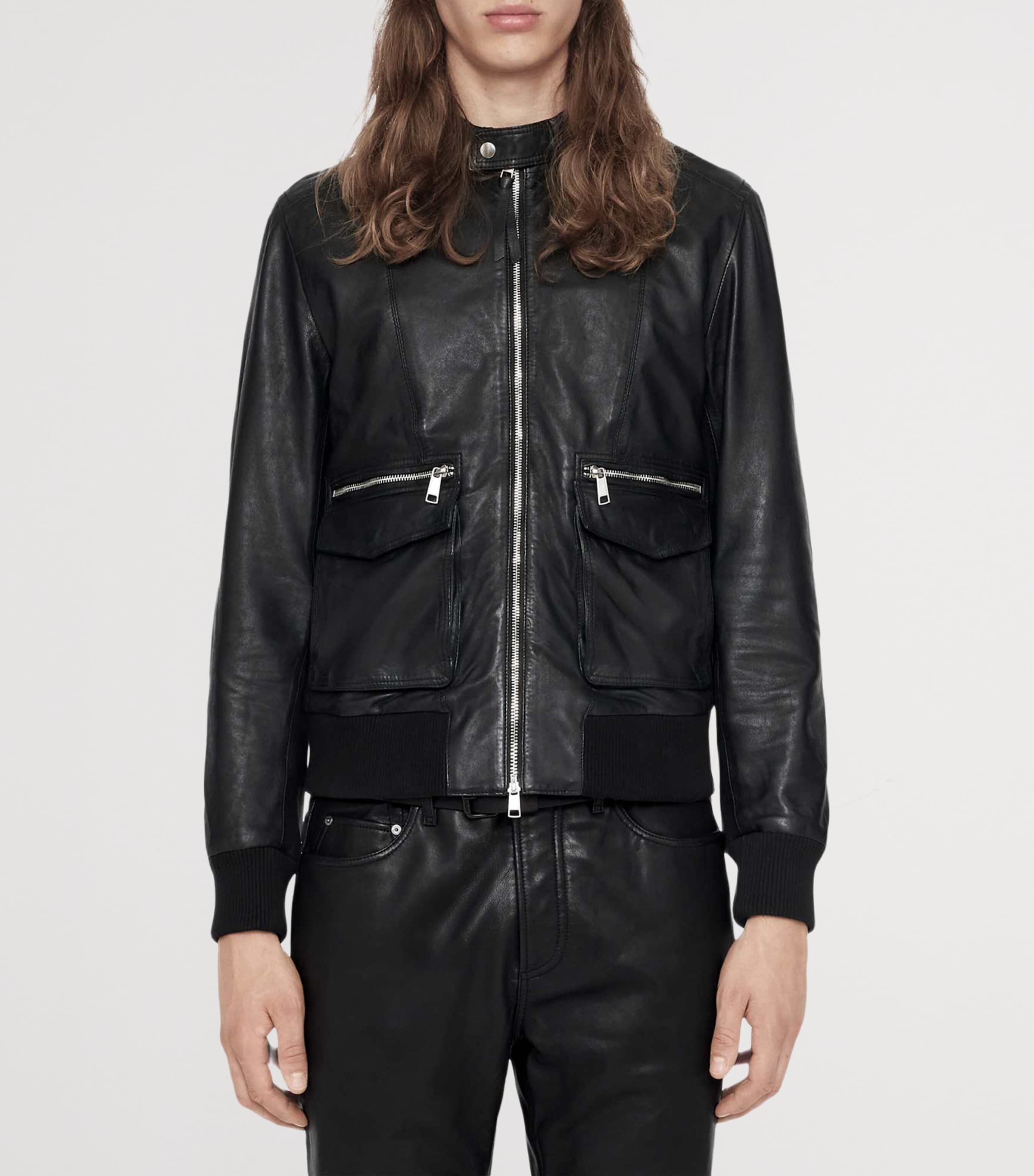 AllSaints Mens Leather Hiro Bomber Jacket Black Image 3