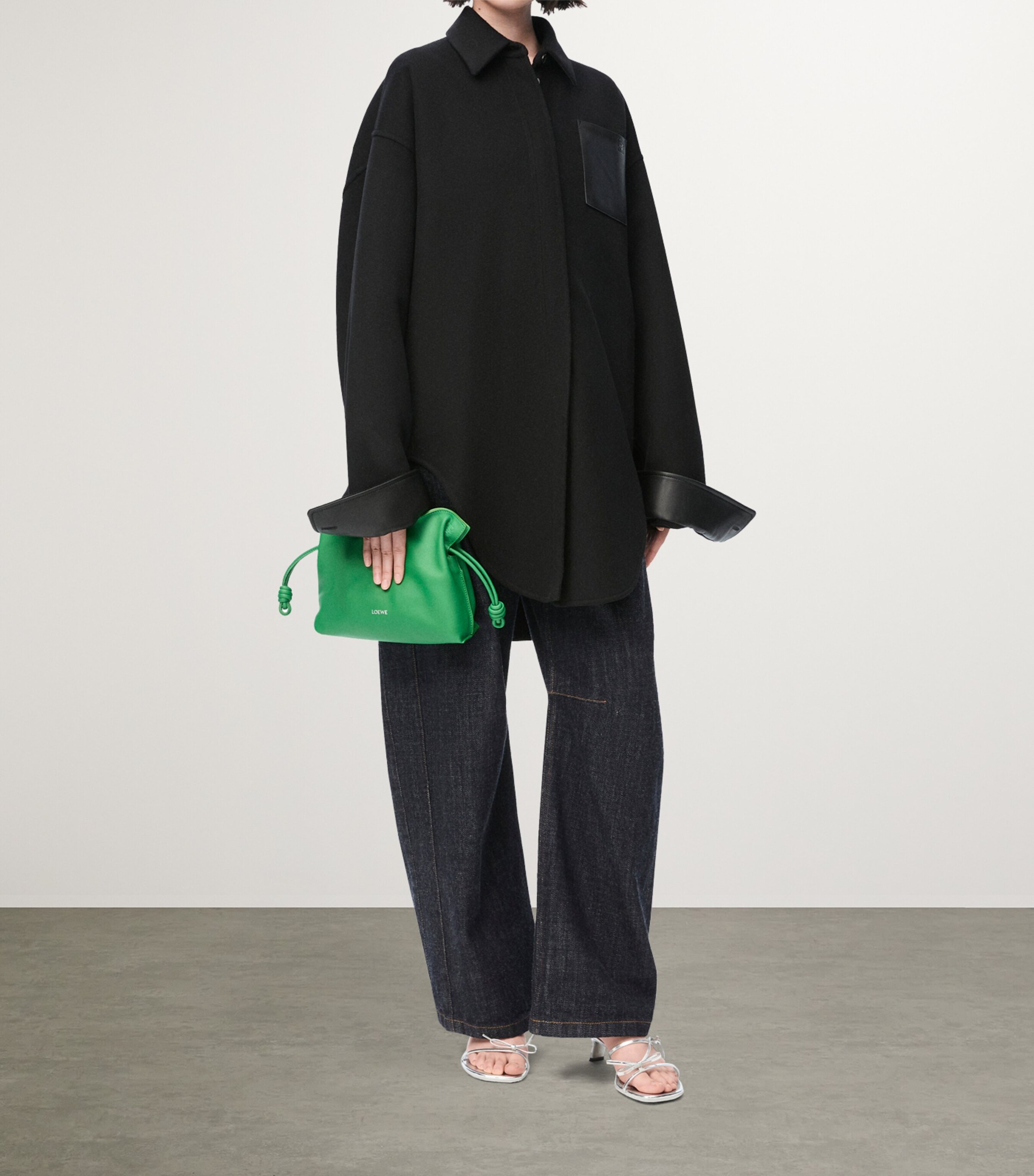 Wool-Blend Leather-Pocket Overshirt BLACK Image 3