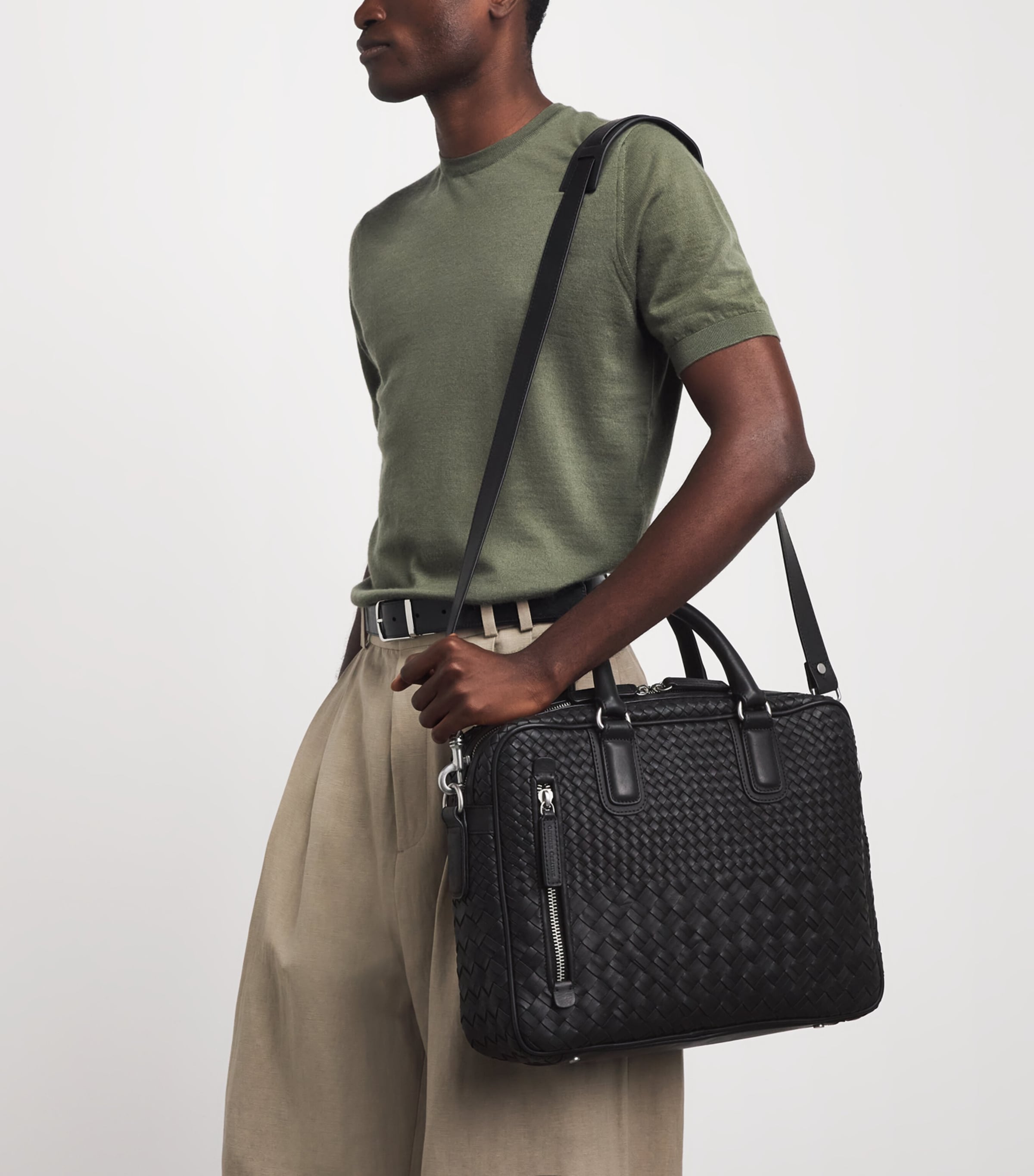 Officine Creative Leather Woven Armor Briefcase Nero Image 4