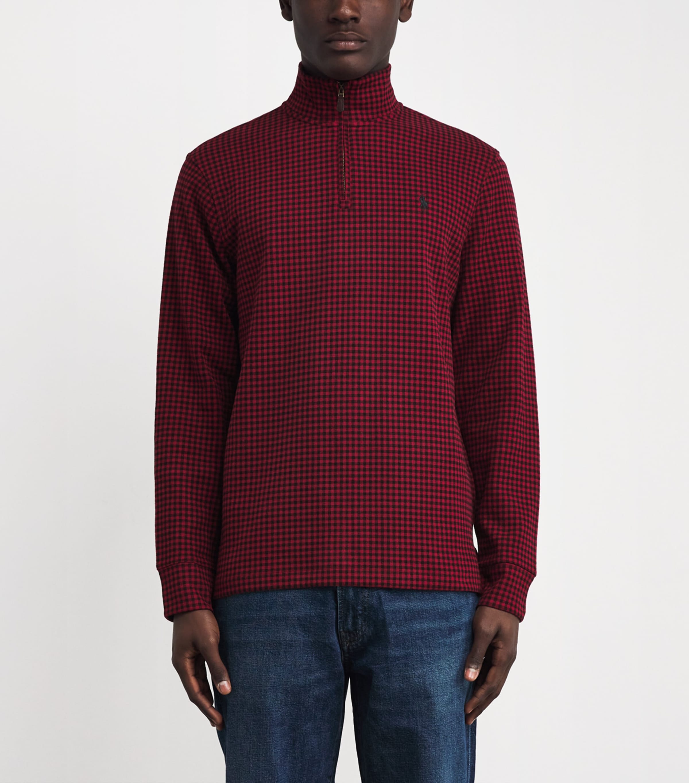 Cotton Check Quarter-Zip Sweatshirt RED Image 3