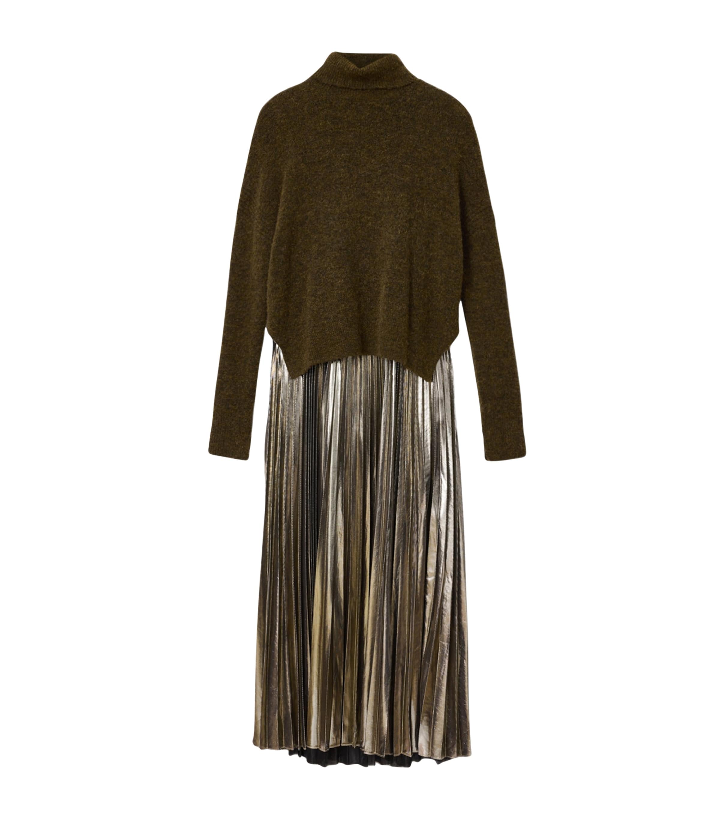 Allsaints Womens Bronze Brown Spark High-neck Pleated-skirt Wool-blend Midi Dress In Green
