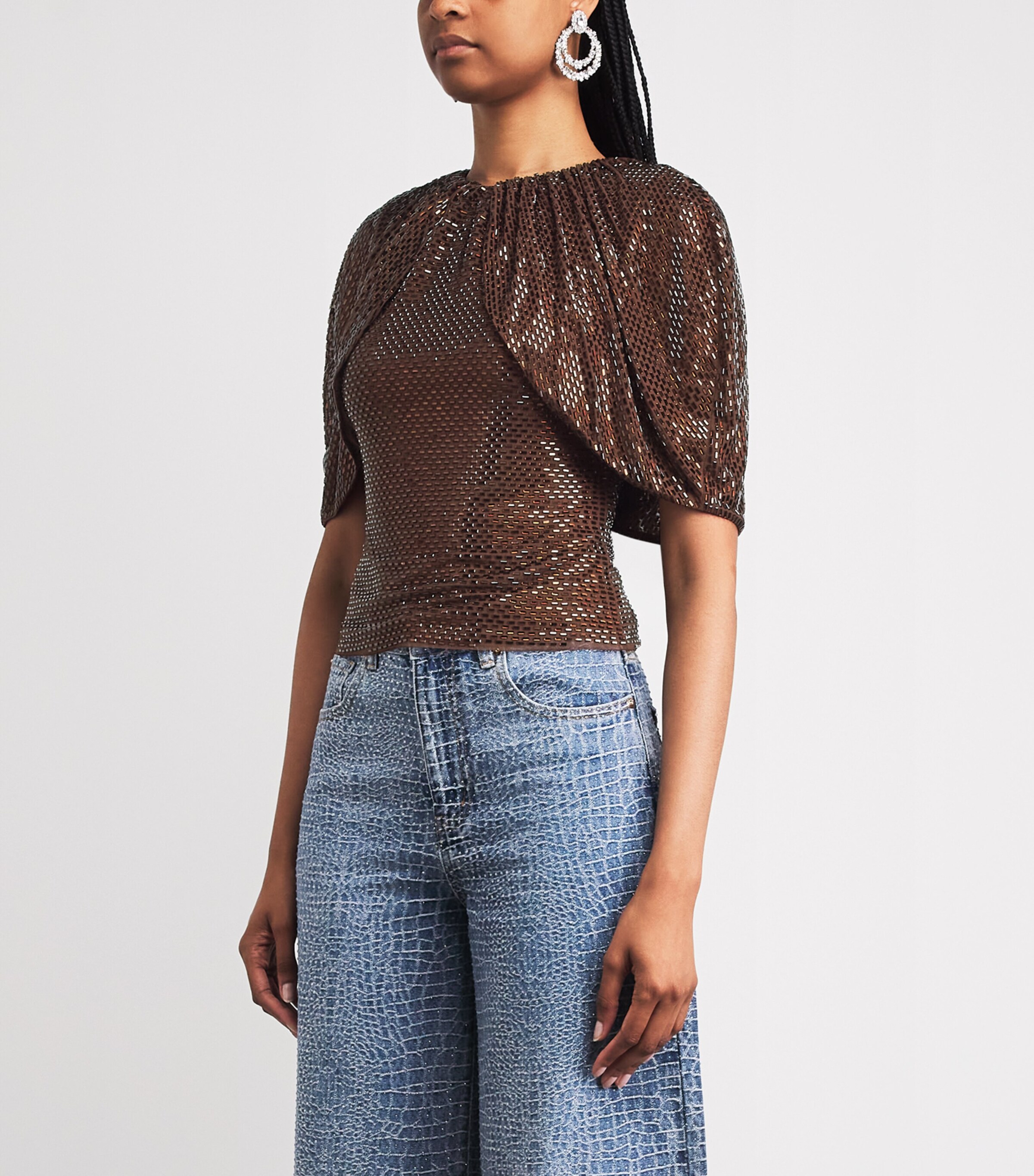 Self-Portrait Womens Embellished Cape-Sleeve Blouse Brown Image 4
