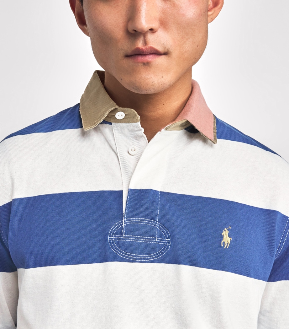 Cotton Stripe Polo Pony Rugby Shirt BLUE Image 6
