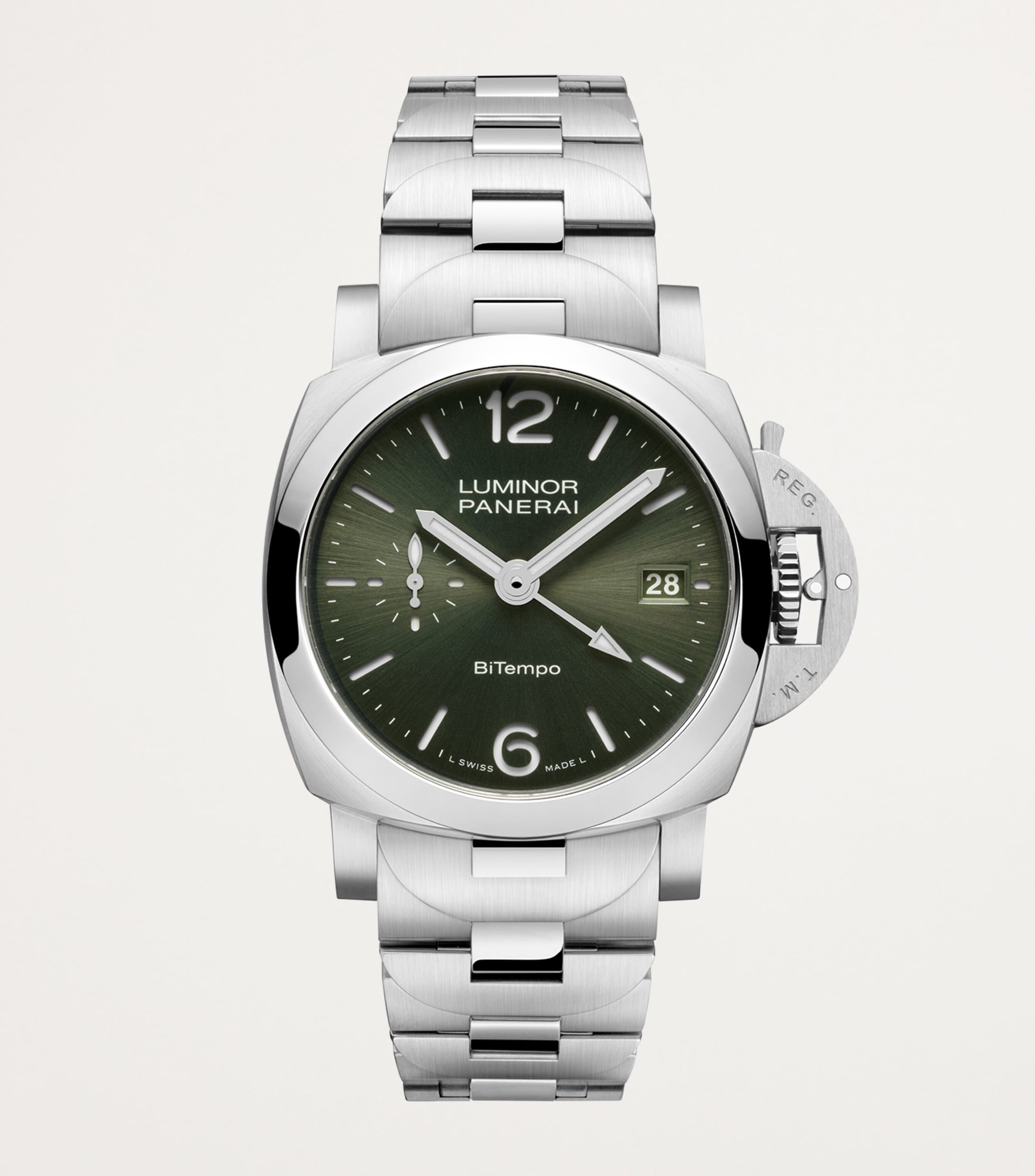 Brushed Steel Luminor Quaranta BiTempo Watch 40mm GREEN Image 8