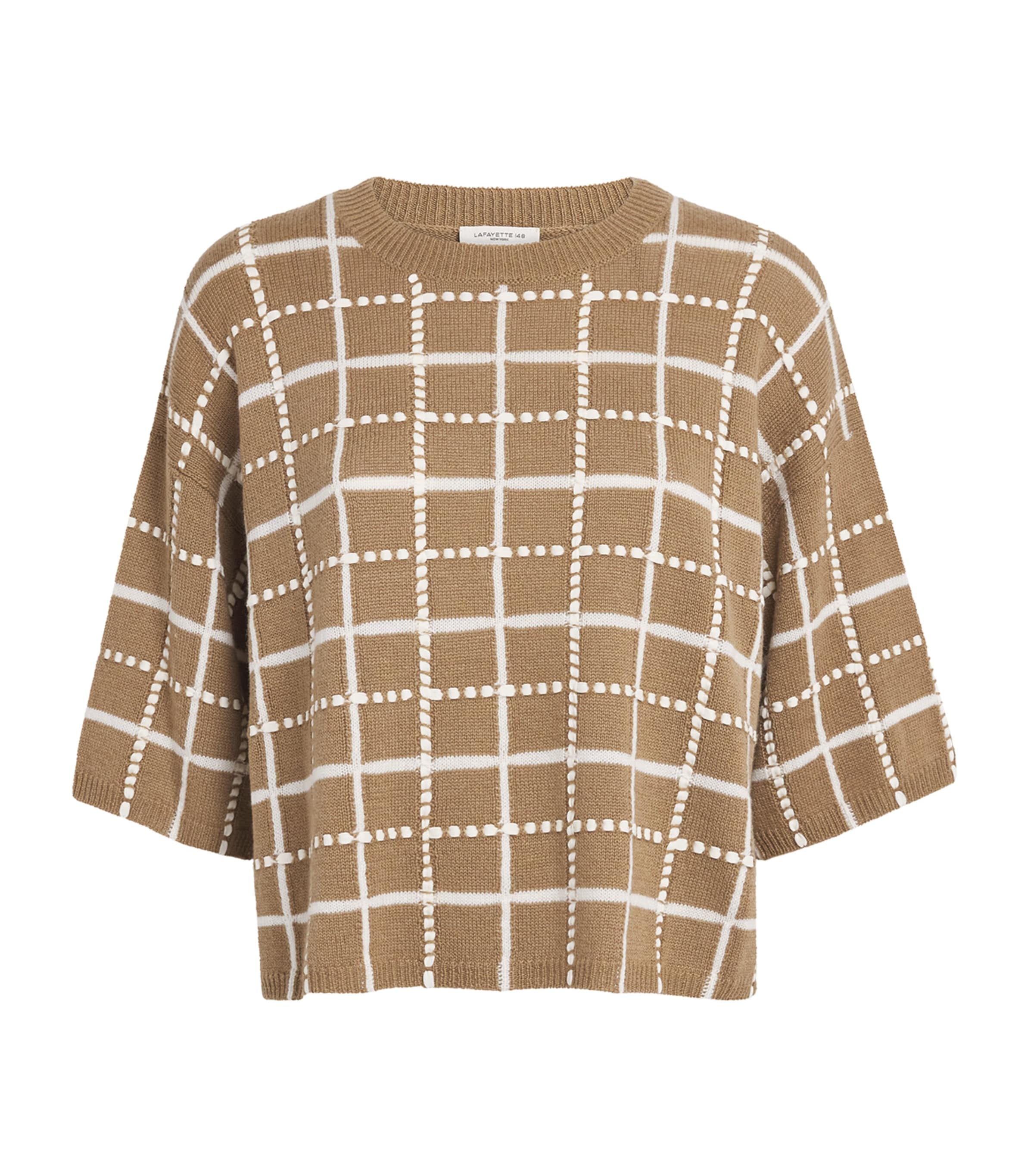 Lafayette 148 Womens Cashmere-Linen-Blend Grid Sweater Cdkmu Cadet Khki Mlt Image 1