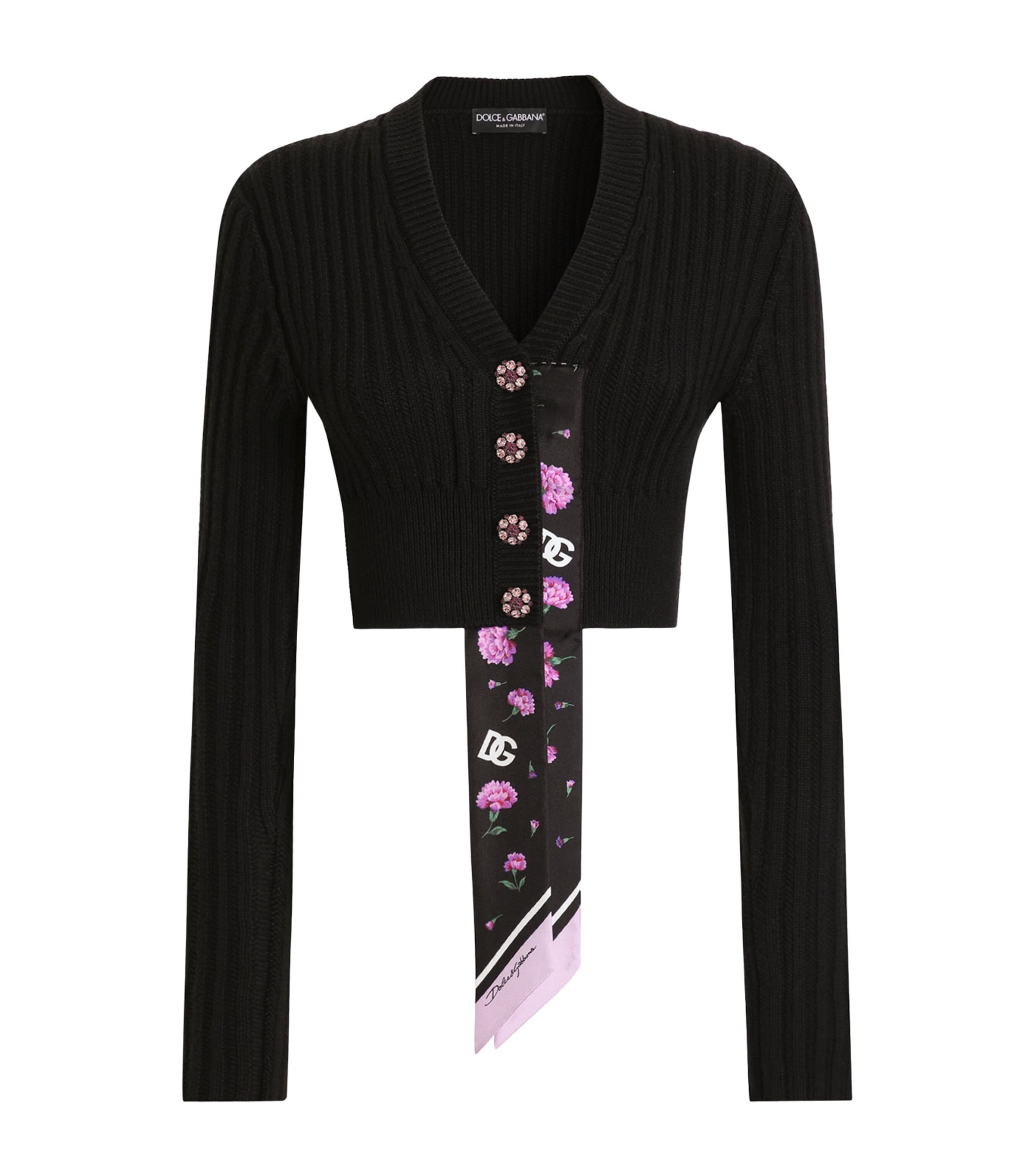 Dolce&Gabbana Womens Virgin Wool Scarf-Detail Cardigan Blac Image 1