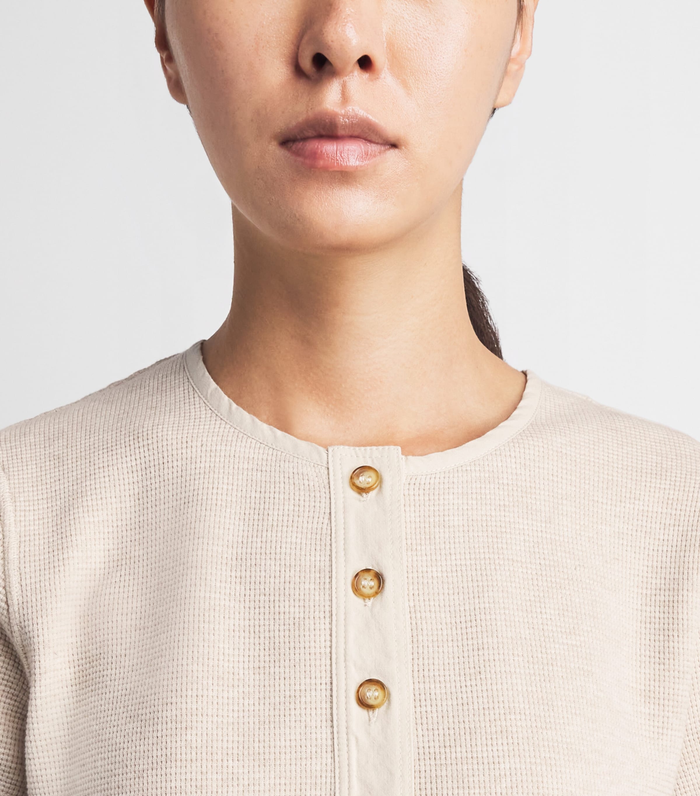 ME+EM Womens Waffle-Knit Henley Baby T-Shirt Oatmeal Image 3