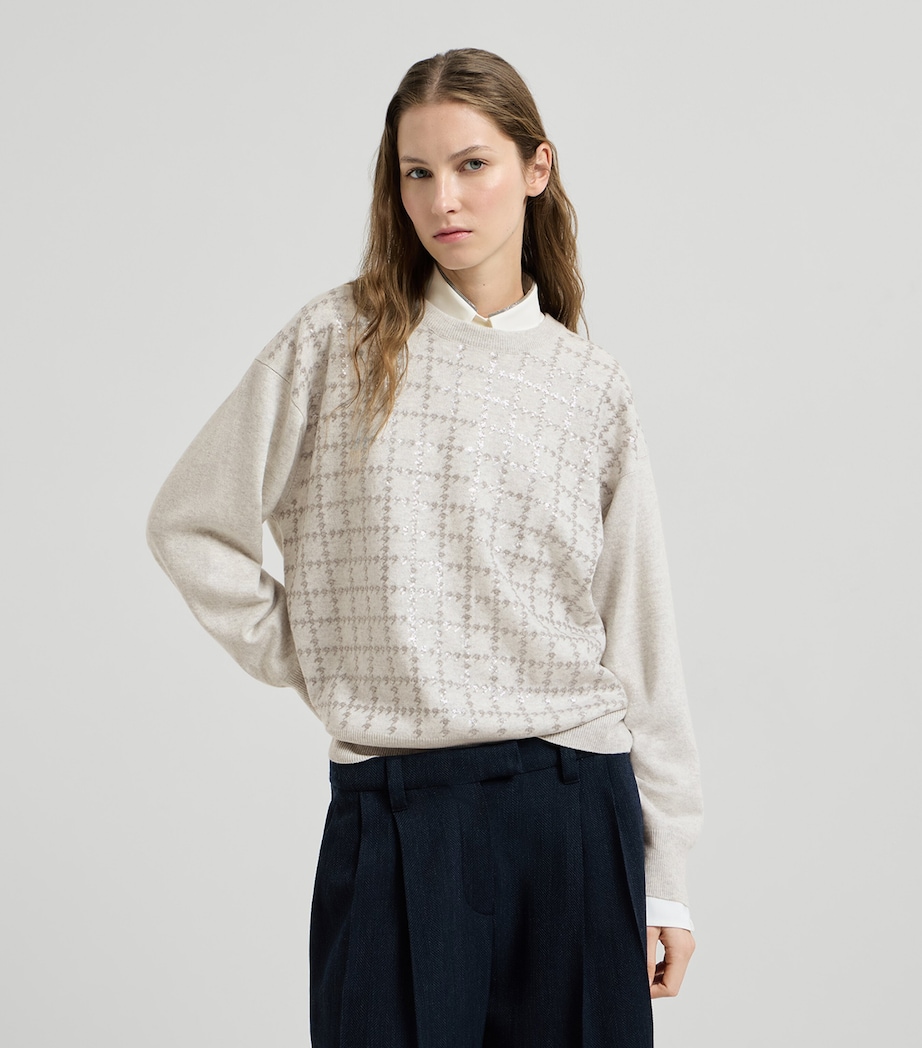 Brunello Cucinelli Womens Cashmere Sequin-Houndstooth Sweater Nebbia Image 4
