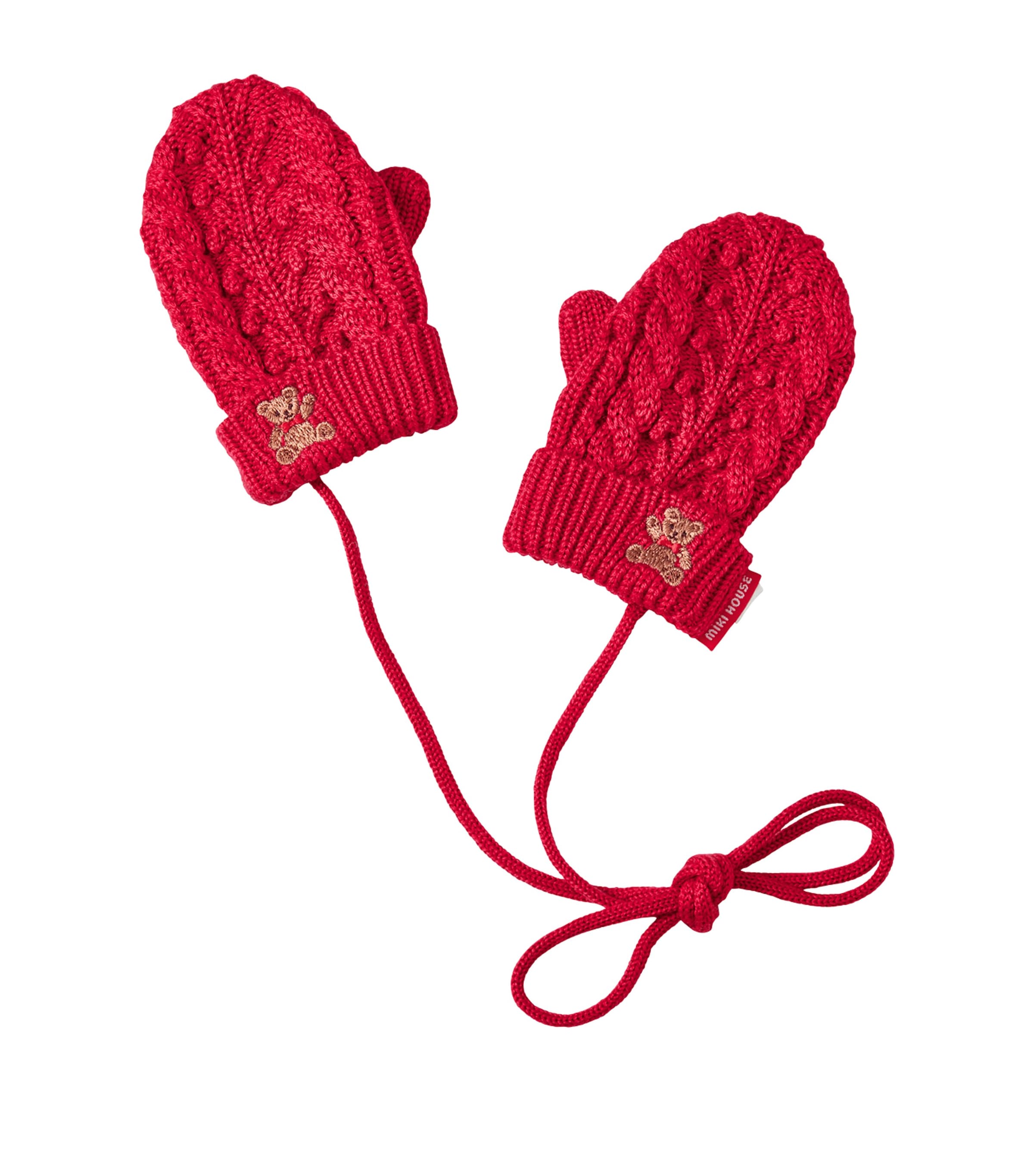 Miki House Kids' Embroidered Cable-knit Mittens In Red
