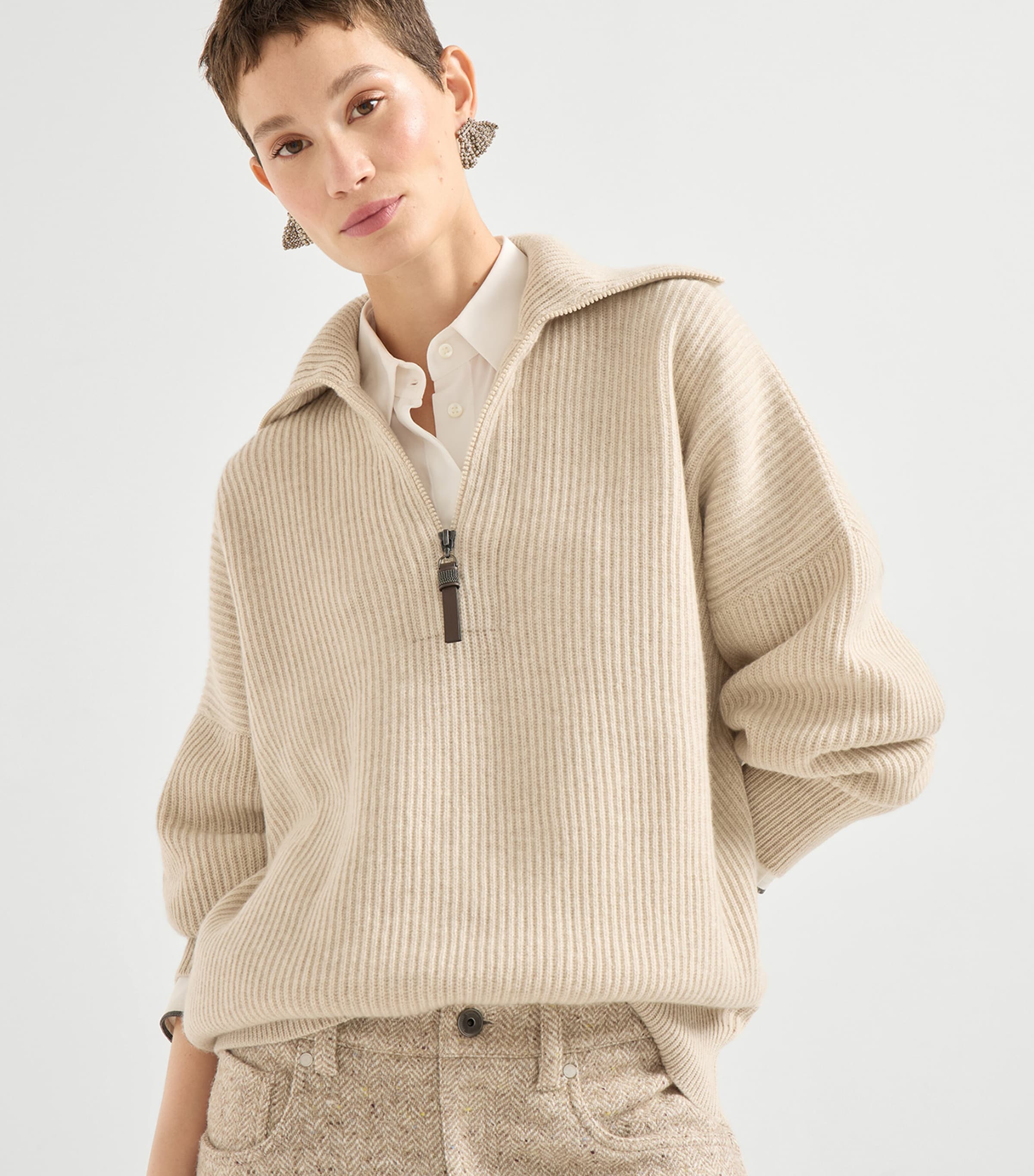 Brunello Cucinelli Beige Cashmere Quarter-Zip Sweater | Harrods HR