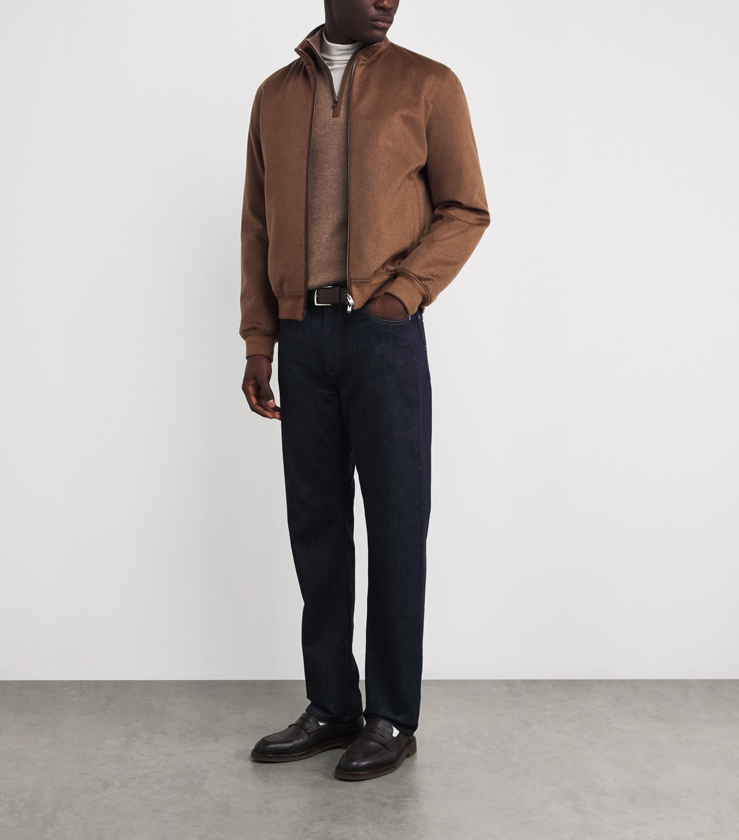 Agnona Mens Cashmere High-Neck Bomber Jacket Brown Vicuna Image 2