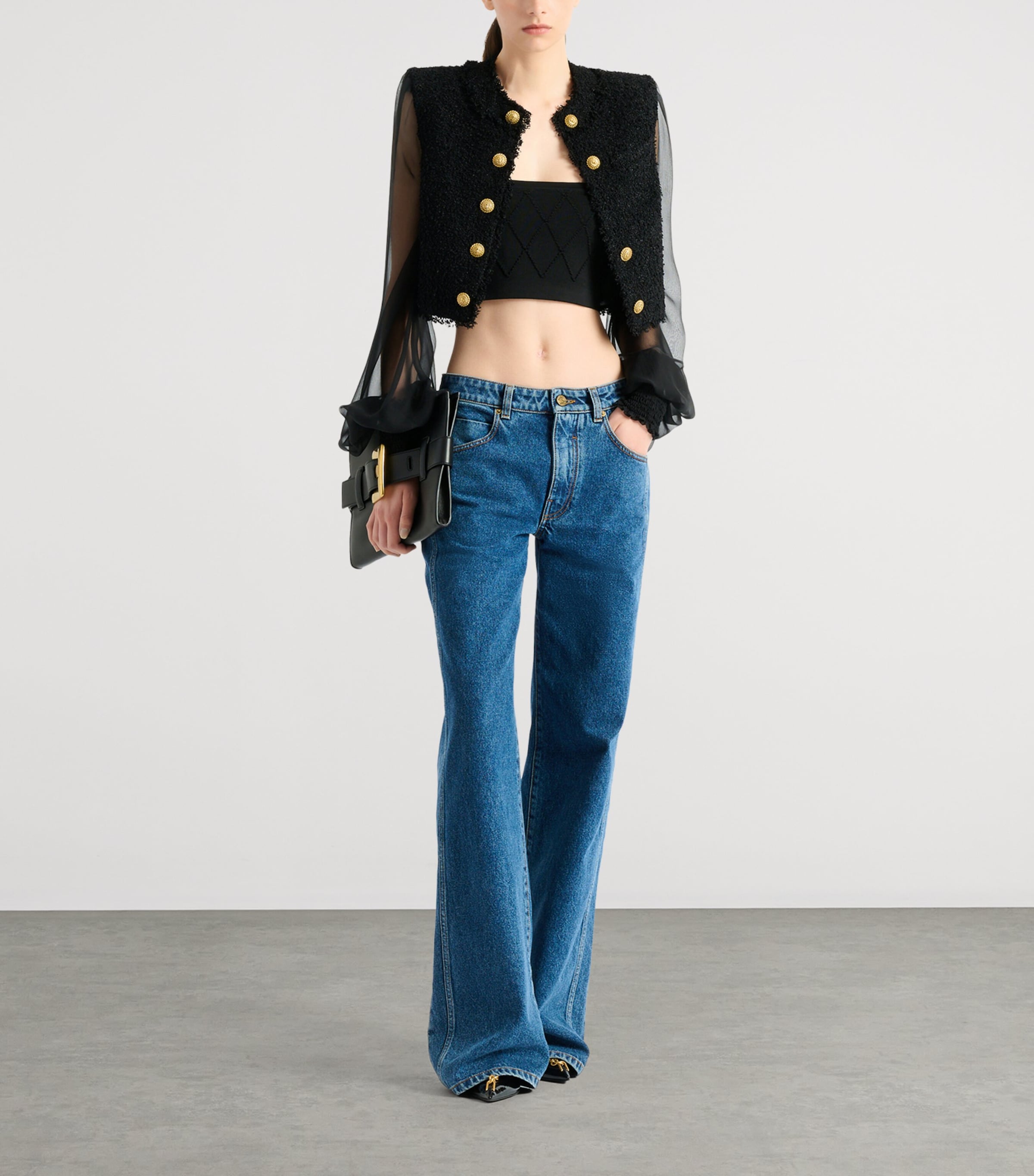 Balmain Womens Tweed Muslin-Sleeve Blouse Eap Noir/noir Image 3