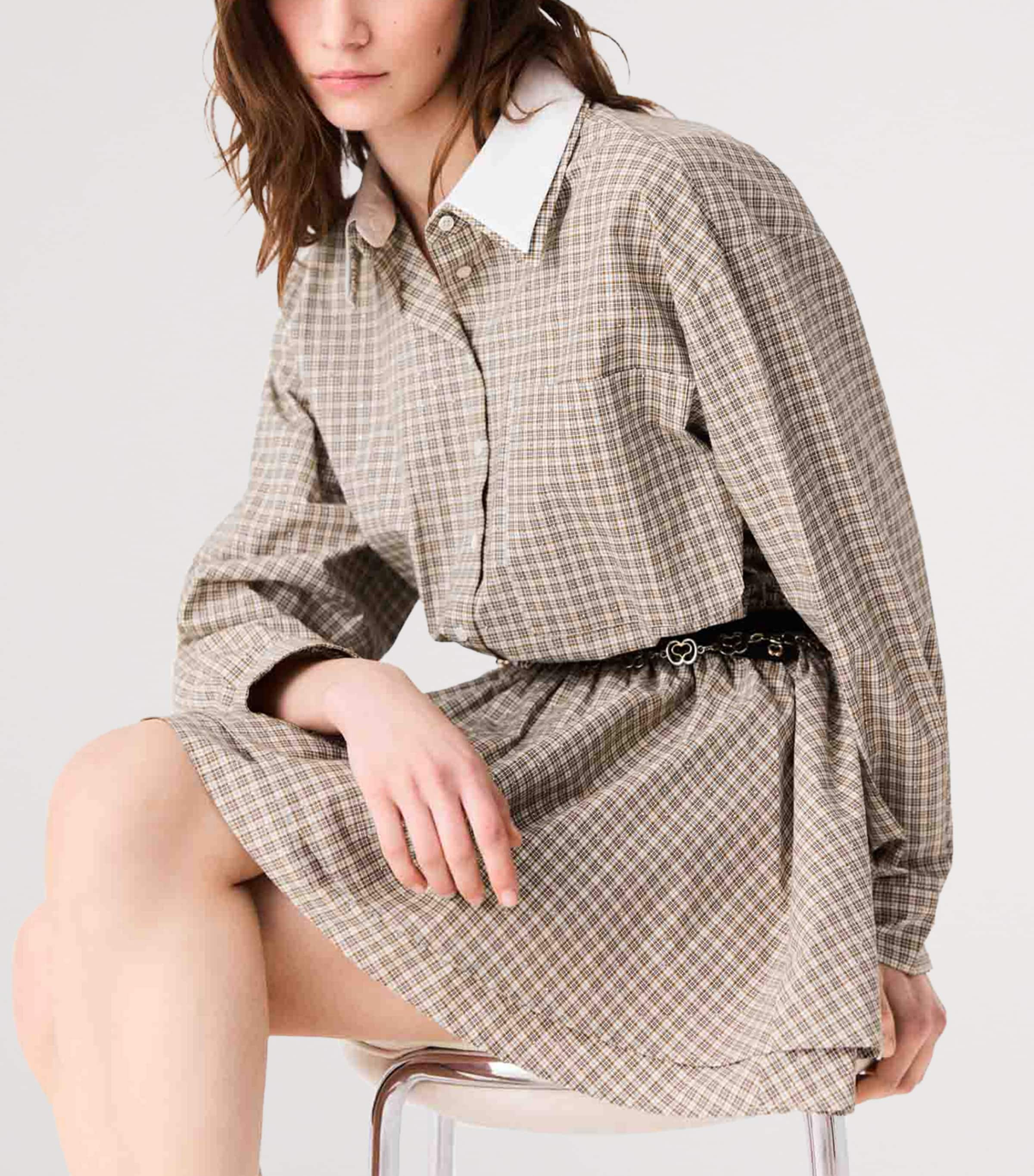 Maje Womens Cotton Check Mini Shirt Dress Beige Image 6