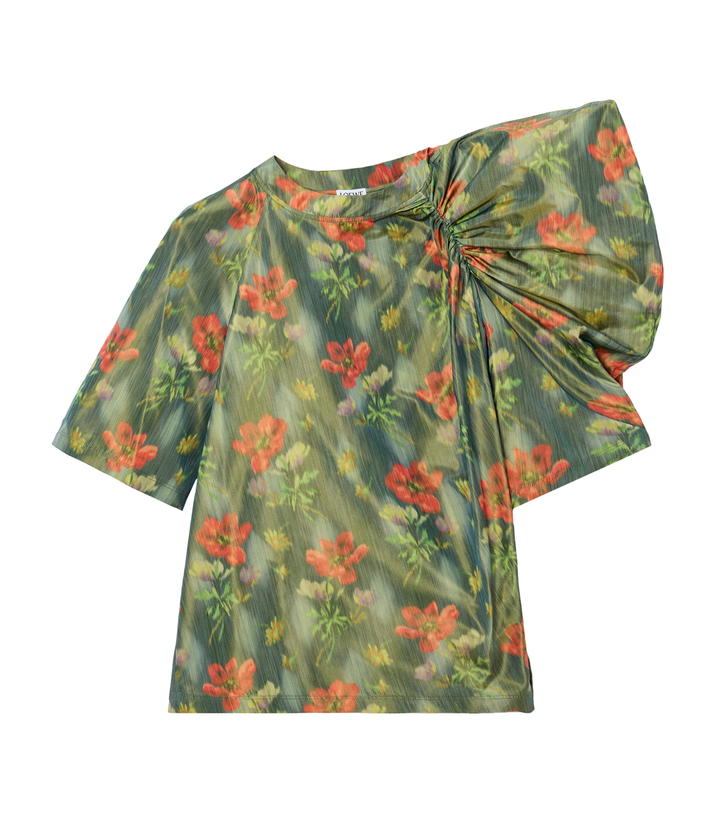 Floral Print Draped Top DARK GREEN/RED Image 1