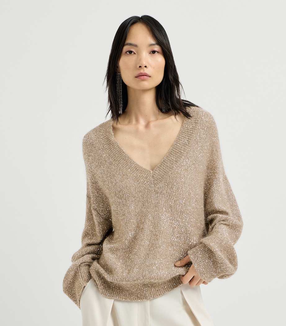 Brunello Cucinelli Womens Sparkling V-Neck Sweater Brown Image 2