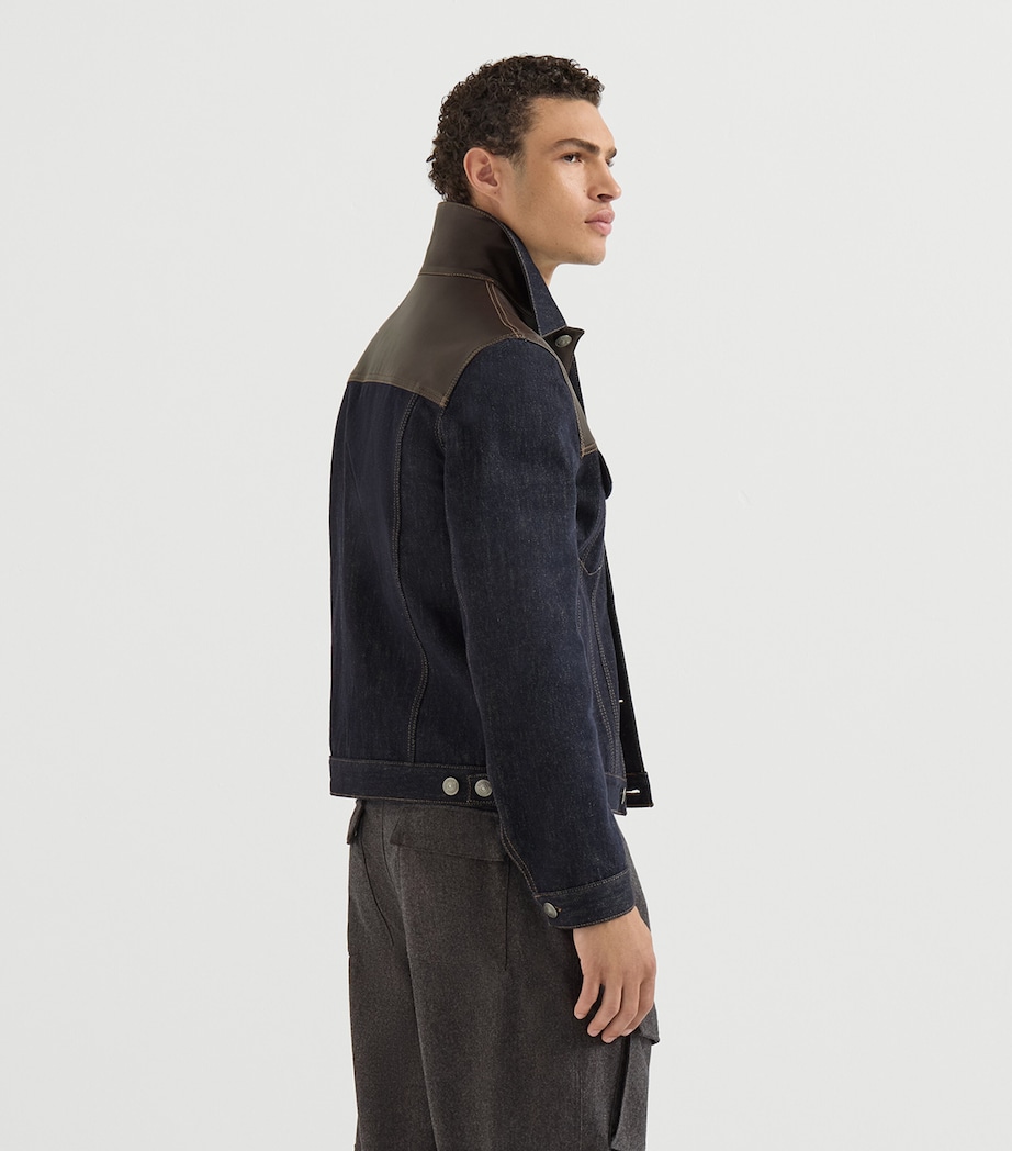 Brunello Cucinelli Mens Leather-Trim Denim Jacket Blue Image 5