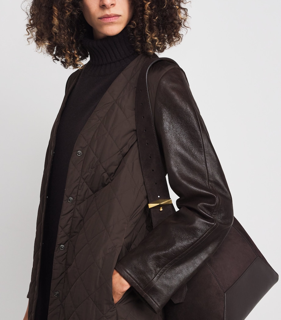 Leather-Sleeve Quilted Coat BROWN Image 6