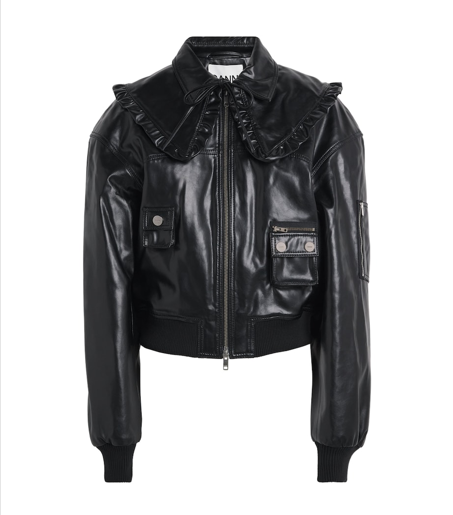 GANNI Womens Recycled Ruffled-Collar Leather Jacket Black Image 1
